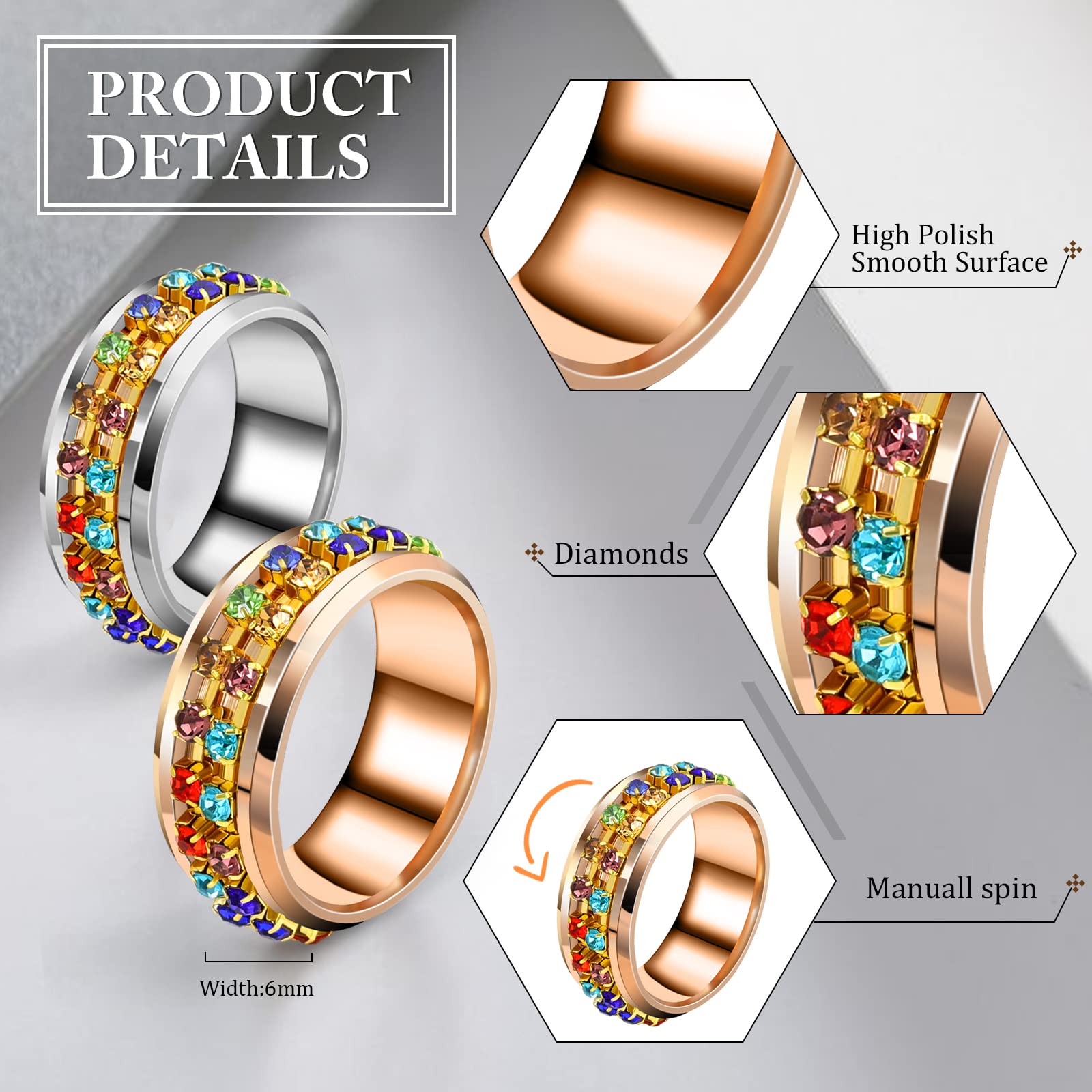 Stainless Steel Spinner Ring for Anxiety Relief - Fidget Spinning Ring for Men & Women with Zircon, Stress Relief & Focus Tool - Perfect for Office, Travel, and Daily Relaxation