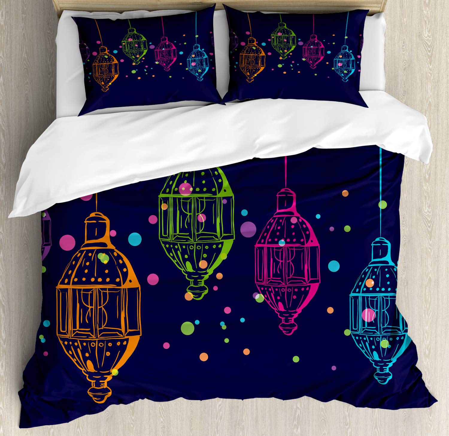 Ambesonne Folk Duvet Cover Set - Candles in Night Sketch Colorful Dots Design, 3-Piece Bedding Set with 2 Pillow Shams, California King Size, Dark Purple & Multicolor | Perfect for Bohemian Bedroom Decor & Guest Room Styling