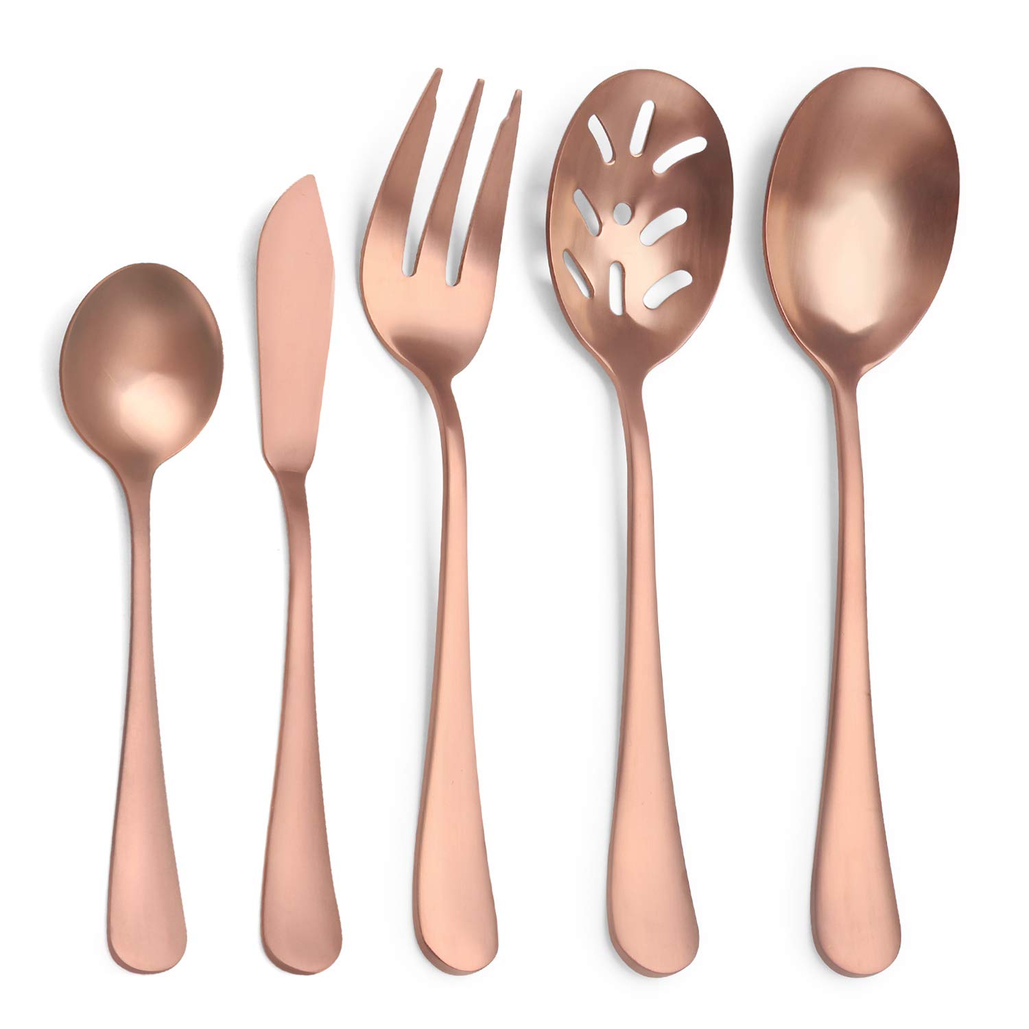 SHARECOOK Matte Rose Gold 5-Piece Stainless Steel Serving Set - 18/0 Hostess Utensils with Round Edge & Satin Finish (Spoons, Forks, Butter Knife & Slotted Spoon) | Dishwasher Safe | Perfect for Dinner Parties, Buffets & Elegant Table Settings