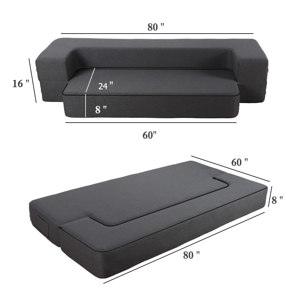 8 Inch Queen Size Folding Sofa Bed with Memory Foam - Convertible Futon Sleeper Chair for Living Room, Bedroom & Guest Room - Dark Grey - Perfect for Small Spaces, Studio Apartments & Overnight Guests
