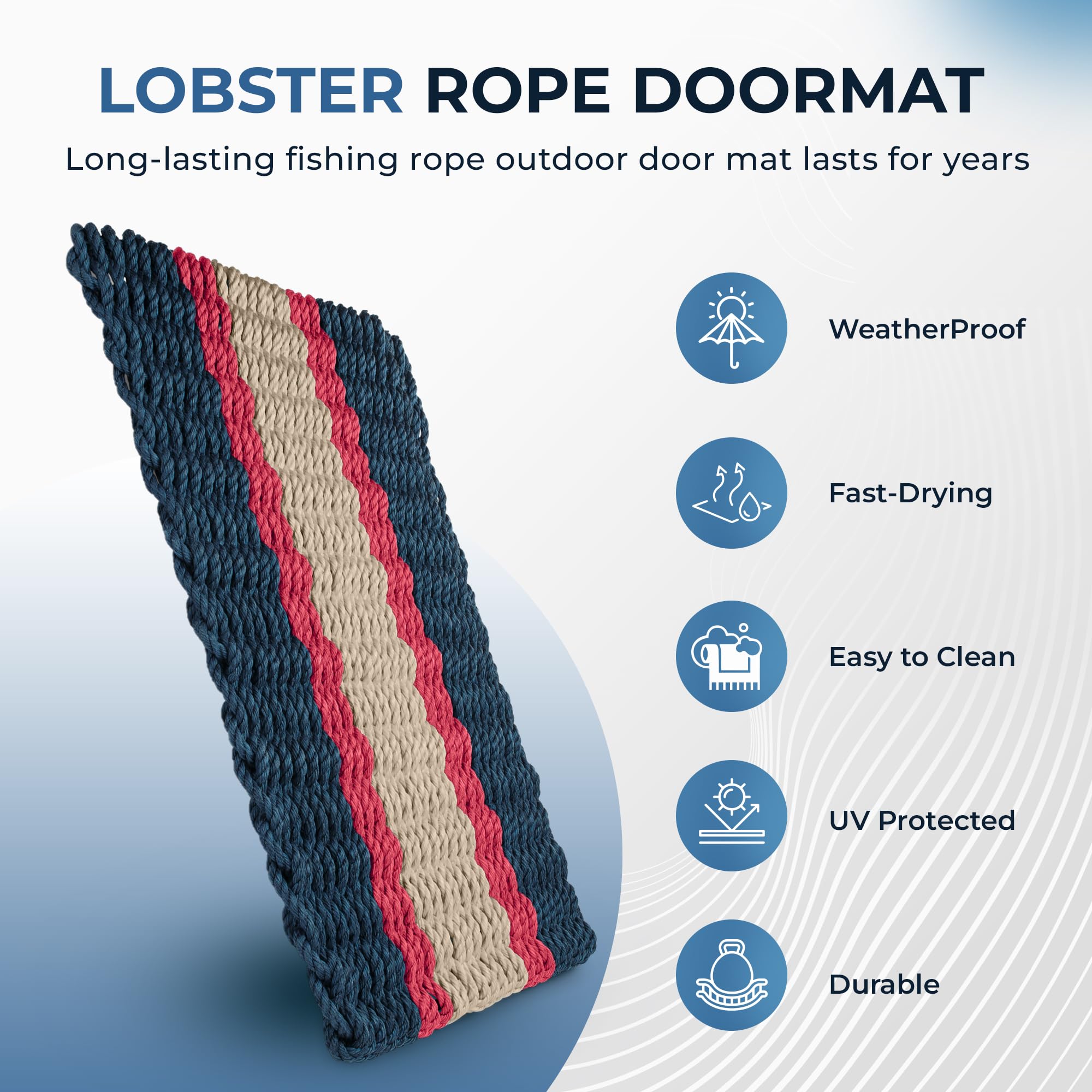 Premium All-Weather Outdoor Door Mat - Original Lobster Rope Woven Doormat for Front Entryway | Durable Nautical Rope Welcome Mat in Navy, Red & Light Tan (24