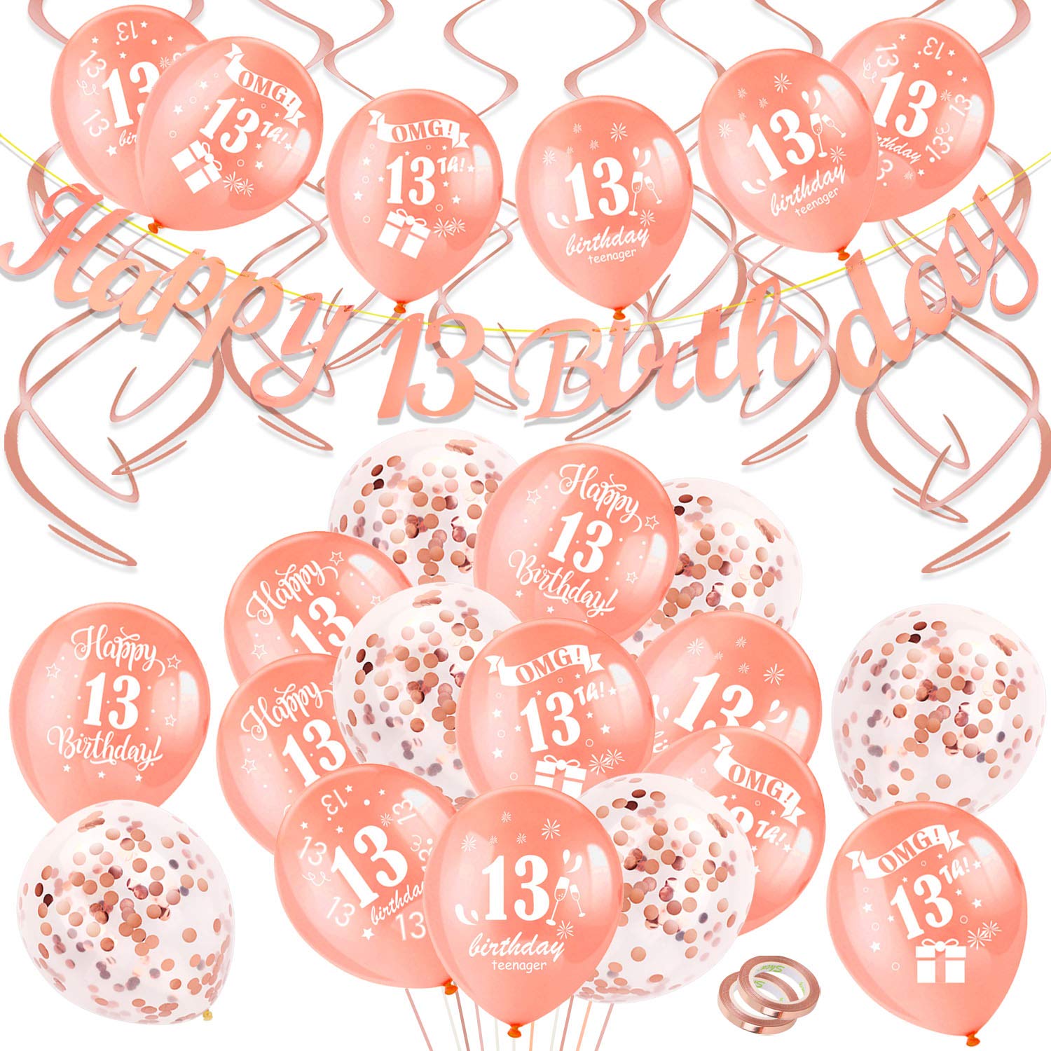 HOWAF 46-Piece Rose Gold 13th Birthday Party Decorations Kit - Includes Happy 13th Birthday Banner, Hanging Swirls & Balloons - Perfect for Girls' Teen Birthday Celebrations, Sweet 16 Party Decor & Milestone Age Themed Events