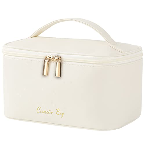 Preppy Makeup Bag for Women & Girls - Small Travel Cosmetic Organizer with Zipper, Waterproof Cute Pouch Case (Beige) - Perfect for Travel, Gym & Daily Essentials Storage