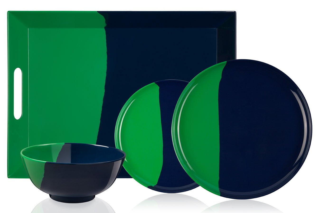 Premium 1/2 & 1/2 Melamine Dinner Plates - Green & Navy Set of 4 - Durable & Lightweight for Outdoor Dining, Picnics, Camping & Everyday Use