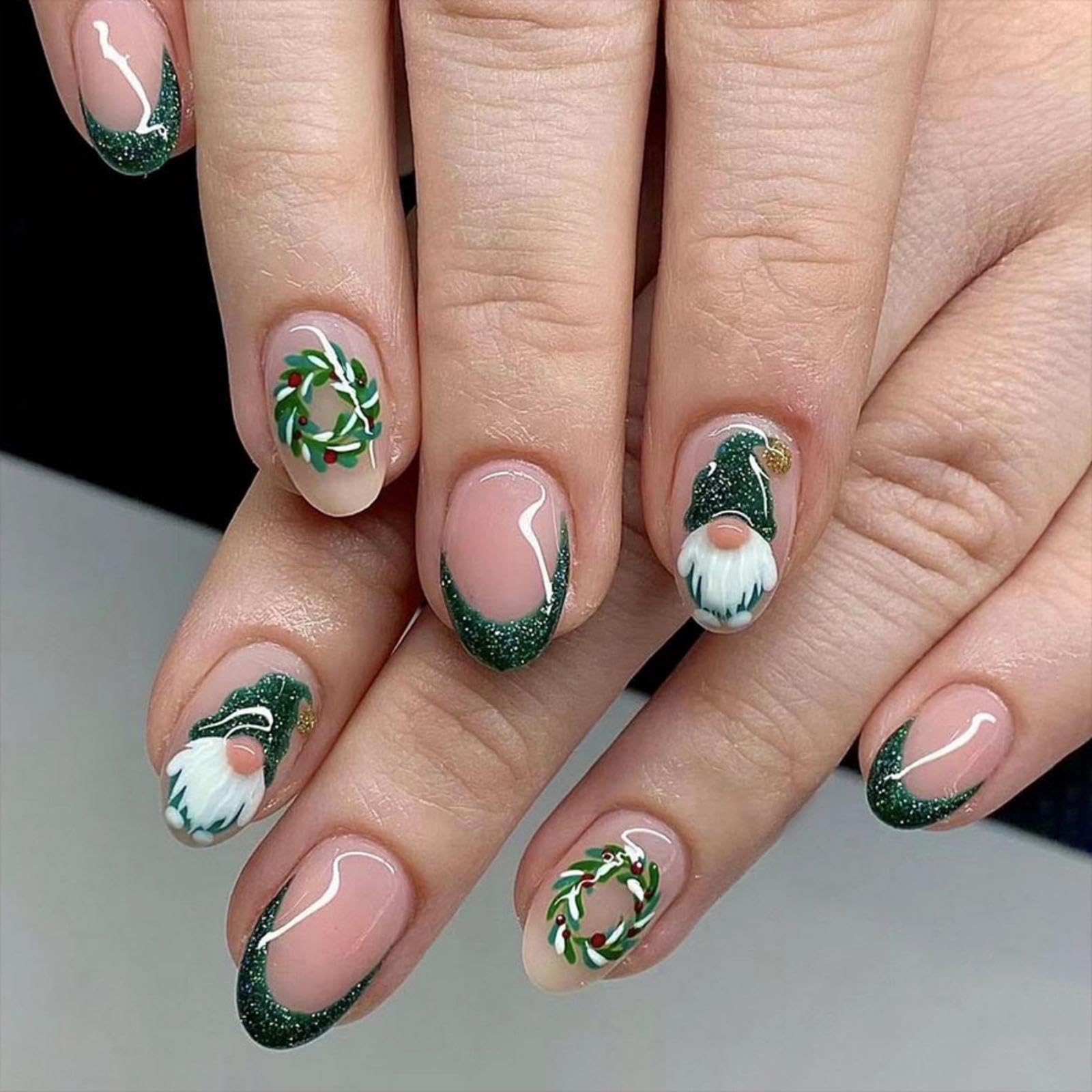 Christmas Green French Tip Press-On Nails – Short Almond Fake Nails with Leaf & Santa Design | Glossy Reusable Winter Xmas False Nails for Women & Girls | Holiday Manicure Set of 24pcs | Perfect for Parties, Gift Giving & Festive Nail Art