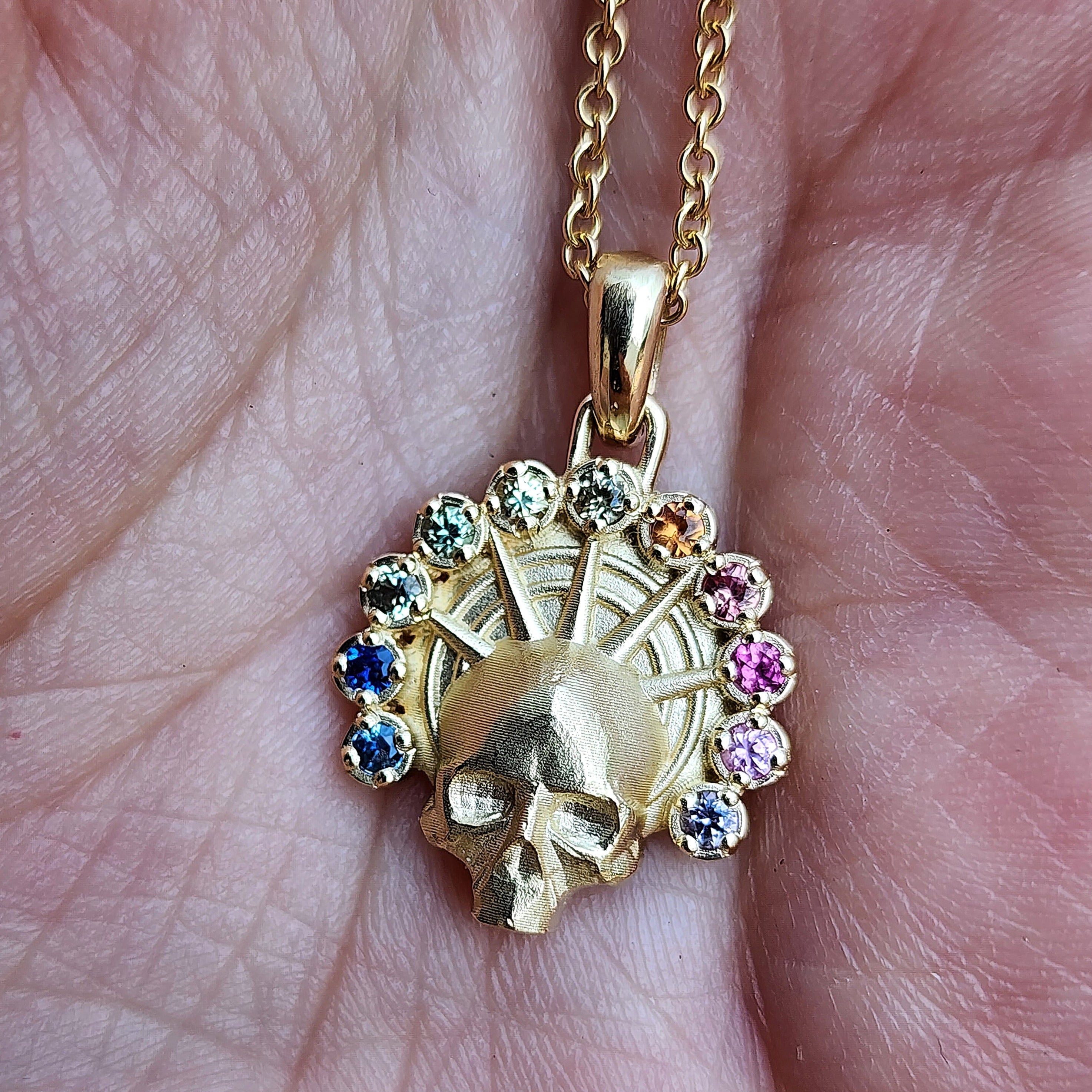 Rainbow Aura Angel Pendant & Catacomb Memento Mori Gold Skull Necklace with Natural Sapphires - Gothic Fine Jewelry for Women, Gothic Fashion Accessory, Dark Aesthetic Gift for Halloween, Witchy Jewelry, Vampire Goth Style