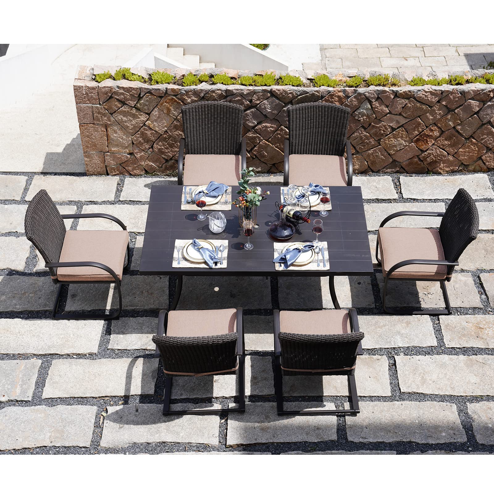 6-Piece Outdoor Wicker Dining Set with Cushions - Patio Furniture for Garden, Poolside, Backyard & Lawn - Beige Rattan Chairs - Perfect for Outdoor Entertaining & Al Fresco Dining