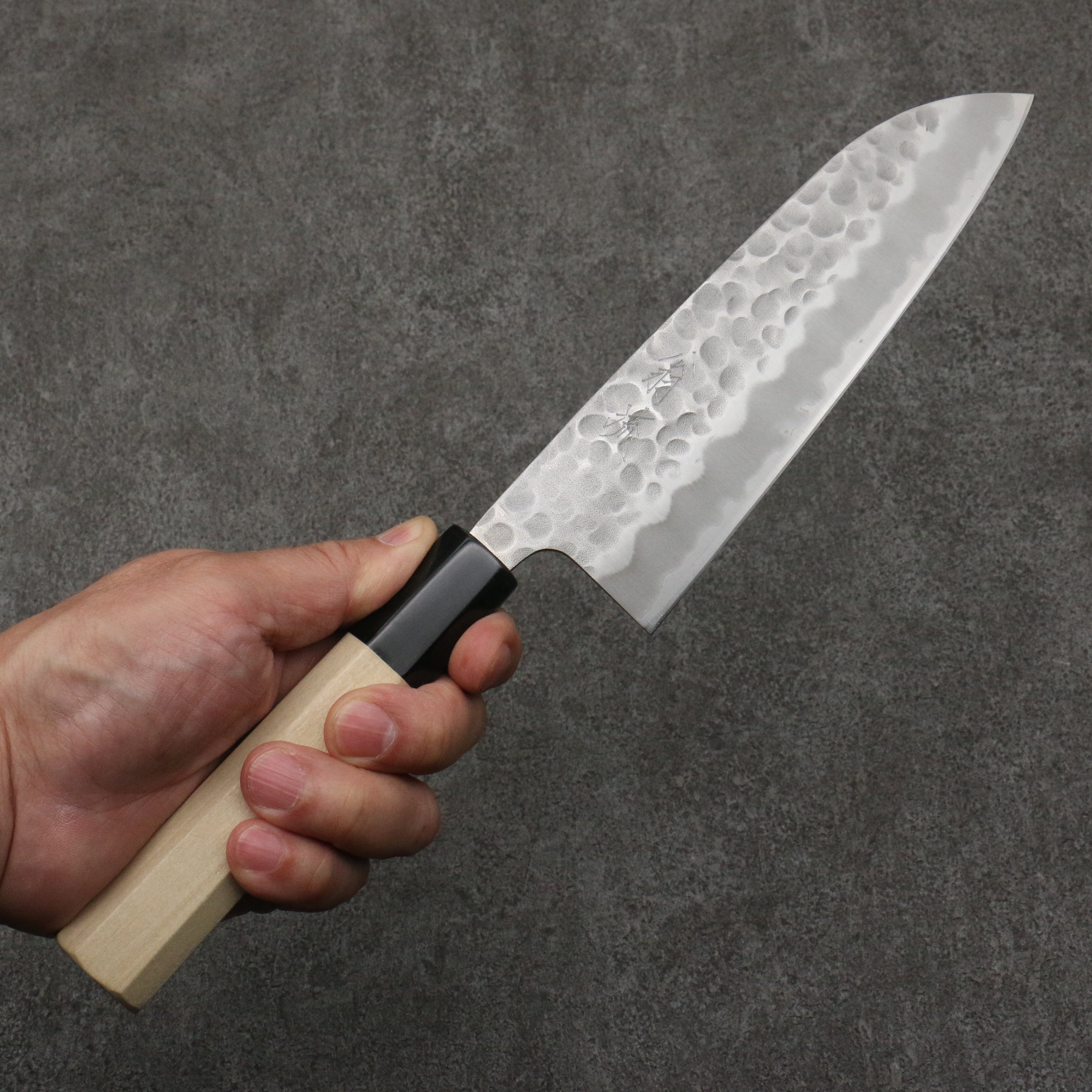 Premium OUL White Steel No.2 Hammered Santoku Knife 165mm with Magnolia Wood Handle - Japanese Kitchen Knife for Slicing, Dicing & Chopping Vegetables, Meat & Fish