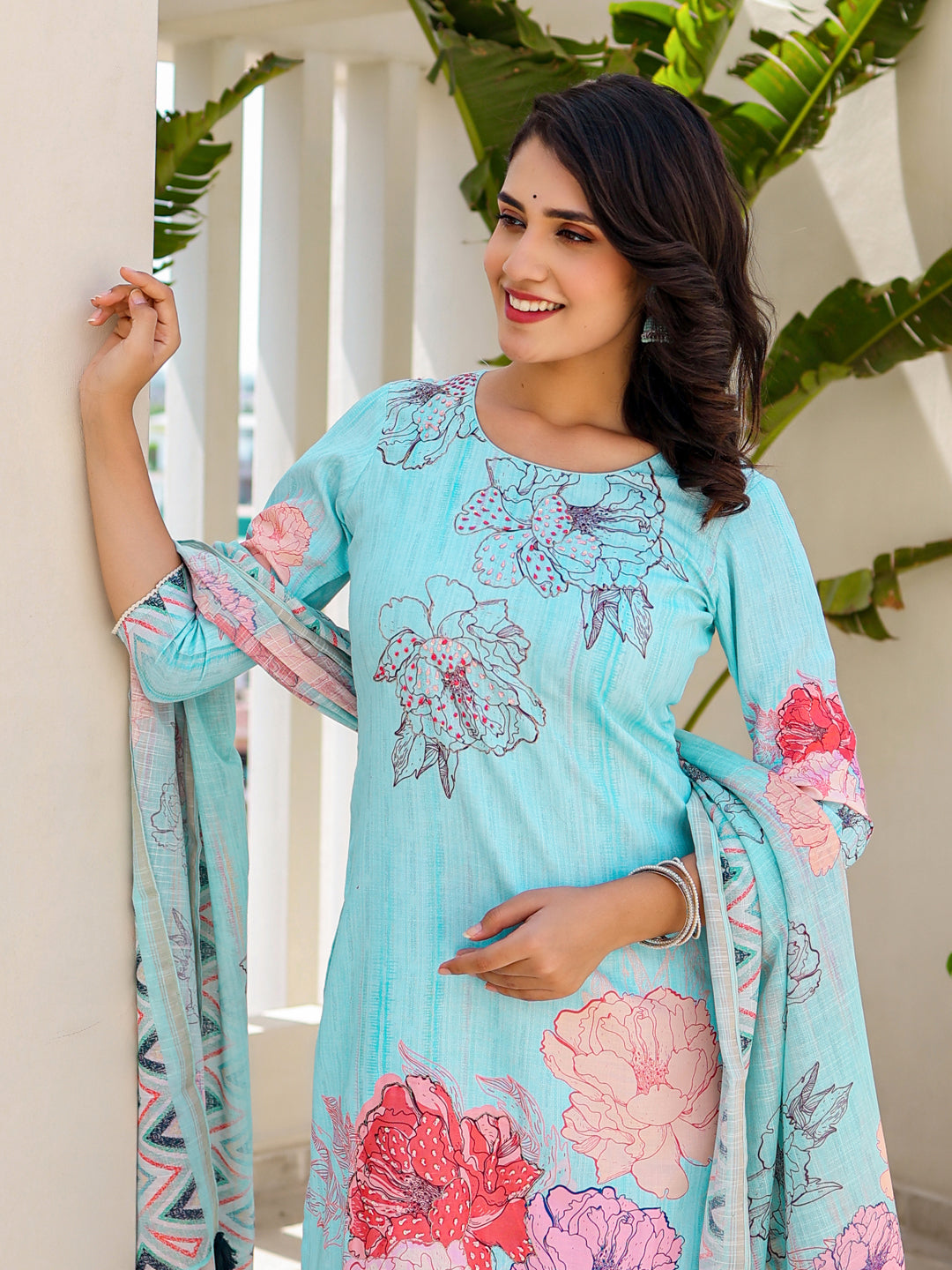 Stylish Blue Linen Pant Suit with Digital Print - Elegant Women's Office Wear & Summer Business Attire