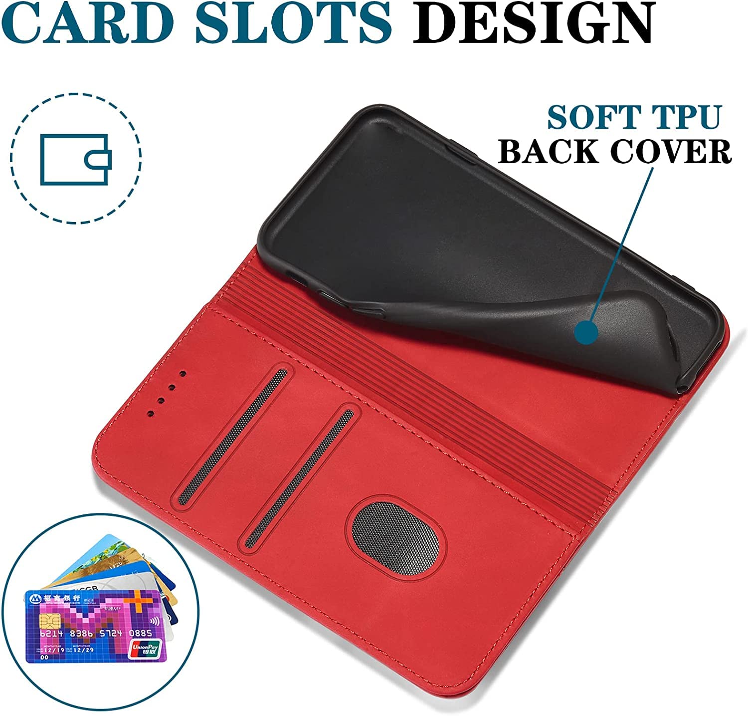 OKZone Magnetic Leather Wallet Case for iPhone 15 - Shockproof Flip Cover with Card Slots & Stand Function (Red) | Perfect for Business Professionals & Daily Commuters