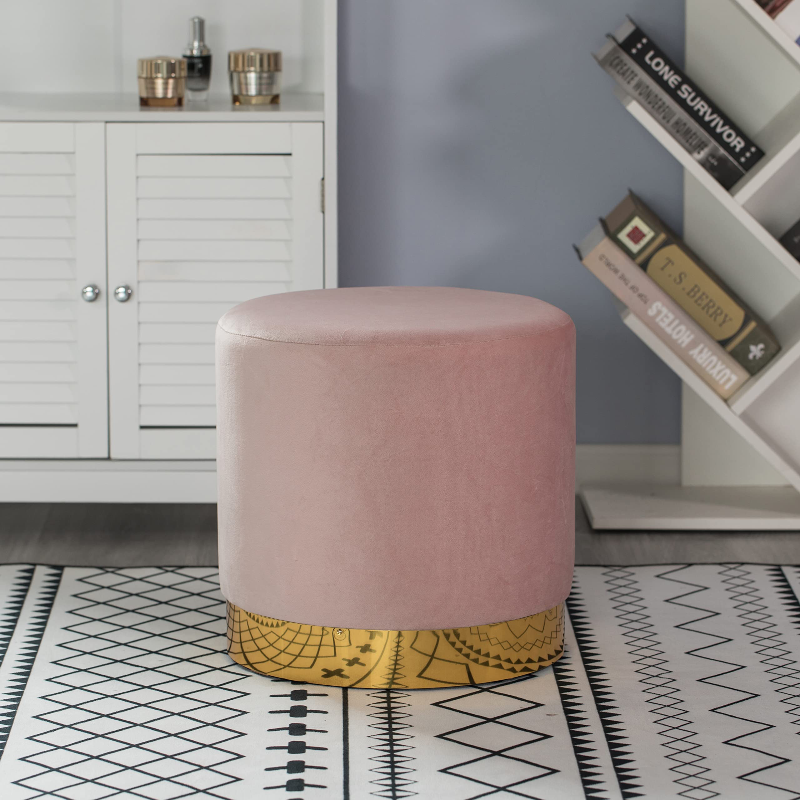 Modern Round Velvet Ottoman Stool with Gold Metal Base - Pink Velvet Footstool, Accent Chair, Bedroom Bench | Perfect for Living Room, Bedroom & Nursery Decor