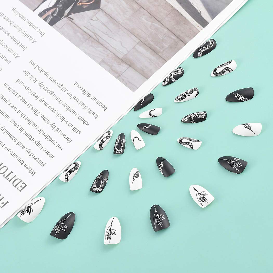 Sethexy 24Pcs Matte Stiletto Press on Nails - Black White Snake Print Acrylic Fake Nails for Women, Long Full Cover False Nails Tips | Perfect for Parties, Weddings, and Special Occasions