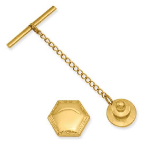 13x15mm Gold Plated Hexagon Tie Tack - Solid Polished Engravable Men's Jewelry Gift for Weddings, Prom & Formal Events