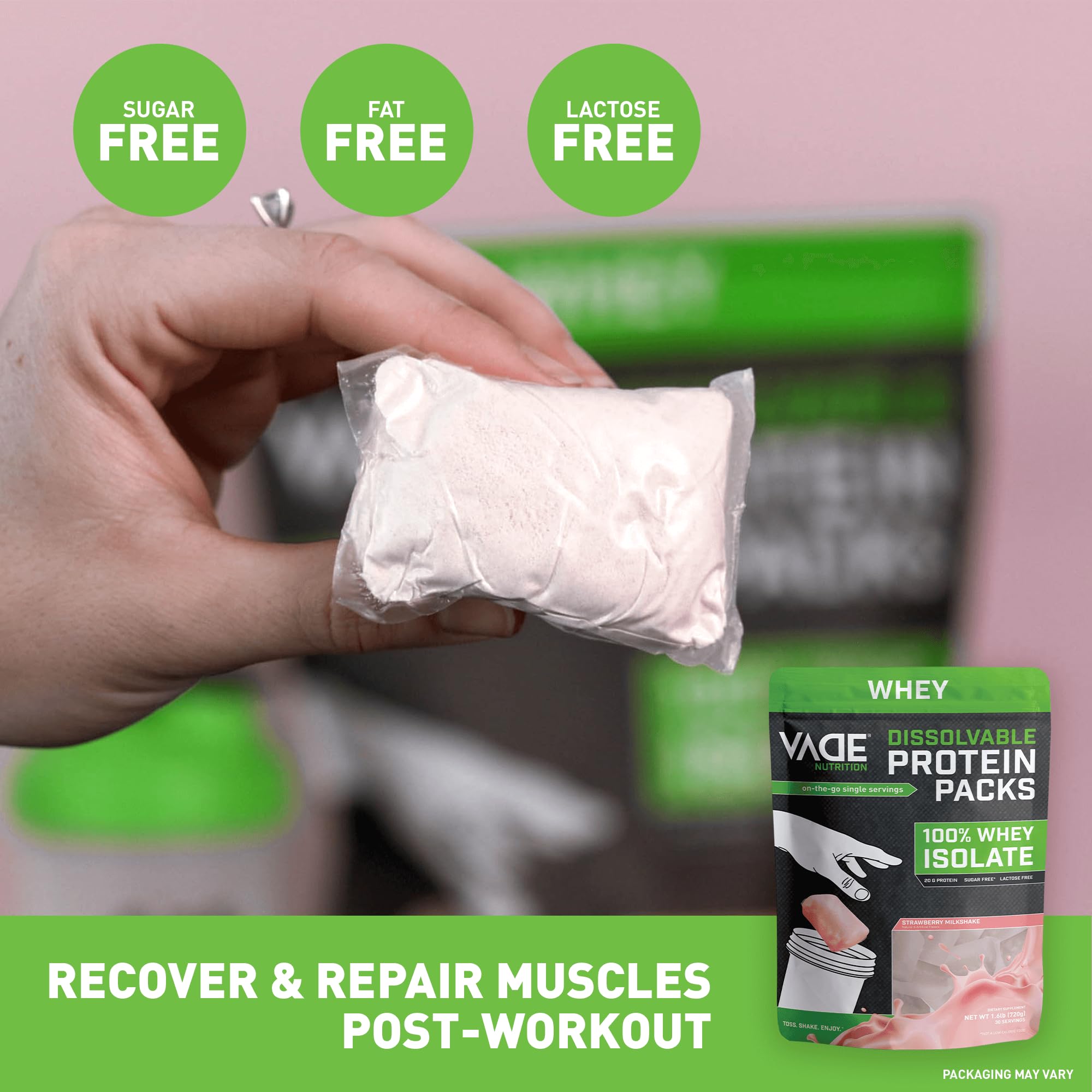 VADE Nutrition Dissolvable Protein Packs - Strawberry Milkshake Whey Isolate Protein Powder | Low Carb, Low Calorie, Lactose & Gluten Free, Fat & Sugar Free | 30 Servings for Gym, Workout Recovery & On-The-Go Nutrition