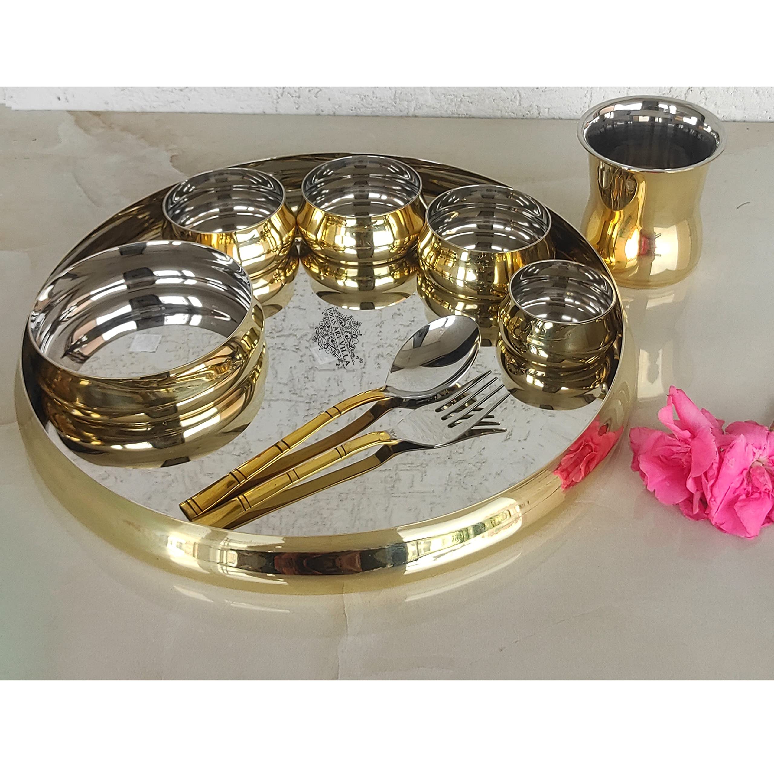 Indian Art Villa Stainless Steel & Brass 9-Piece Dinner Set - Includes 1 Plate, 1 Pudding Plate, 1 Small Bowl, 3 Medium Bowls, 1 Spoon, 1 Fork & 1 Tumbler - Elegant Tableware for Indian Cuisine, Dinner Parties & Home Decor