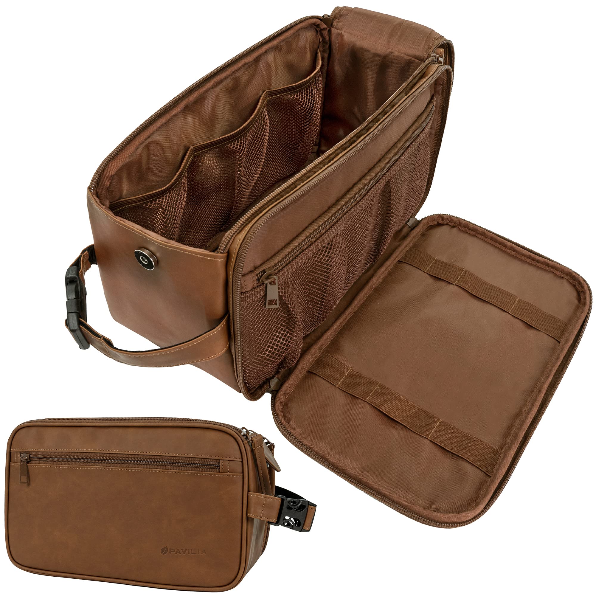 PAVILIA Men's Travel Toiletry Bag - XL PU Leather Water-Resistant Dopp Kit for Shaving & Grooming Essentials | Perfect for Business Trips, Camping & Gym (Brown)
