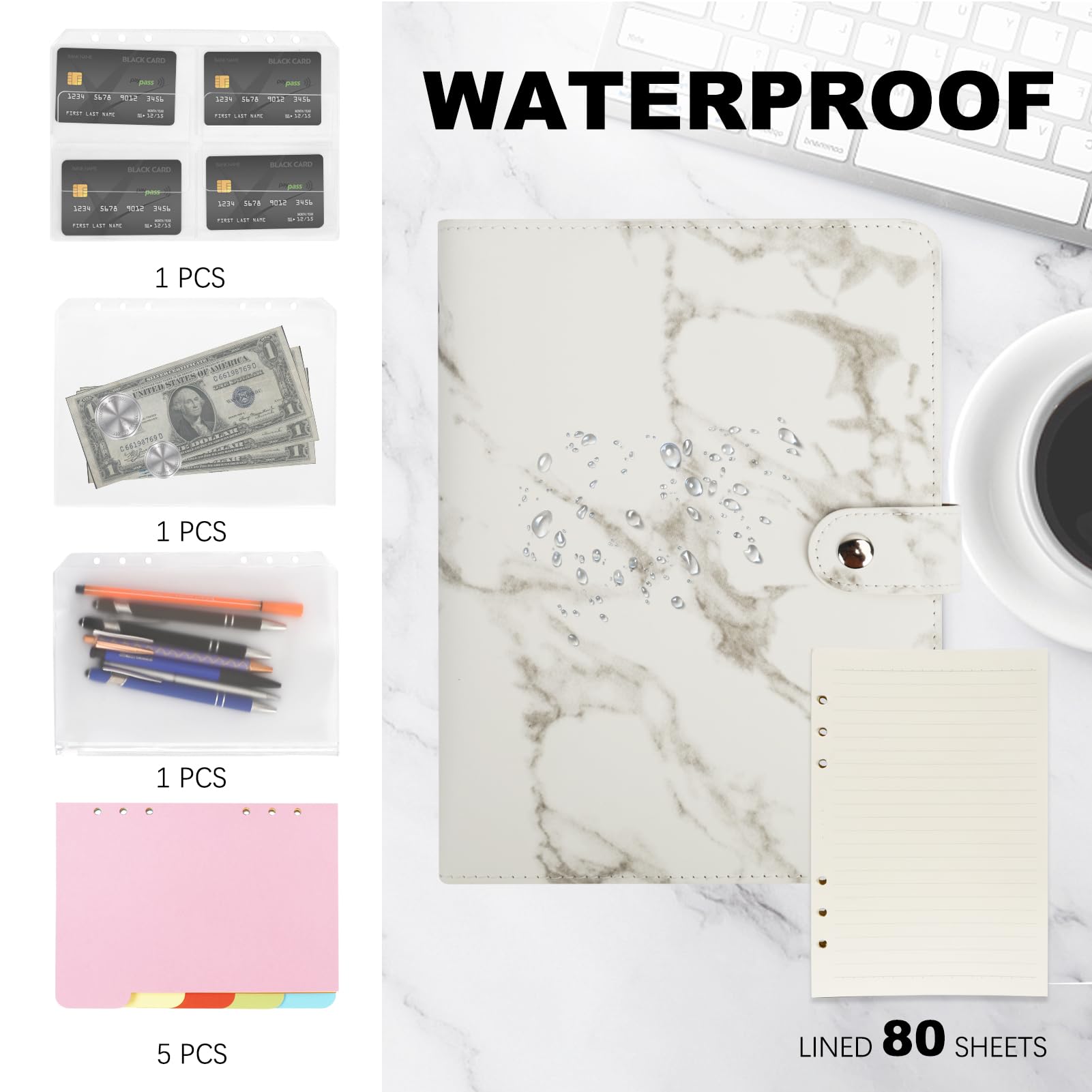 Colorlife A5 PU Leather 6-Ring Binder Notebook with Refillable Paper & Magnetic Closure - Marble White | Perfect for Office, School, Planner & Journal Organizing