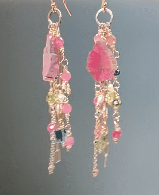 Watermelon Tourmaline Slice Rose Gold Dangle Earrings - Elegant Gemstone Jewelry for Women, Perfect for Weddings, Parties & Special Occasions
