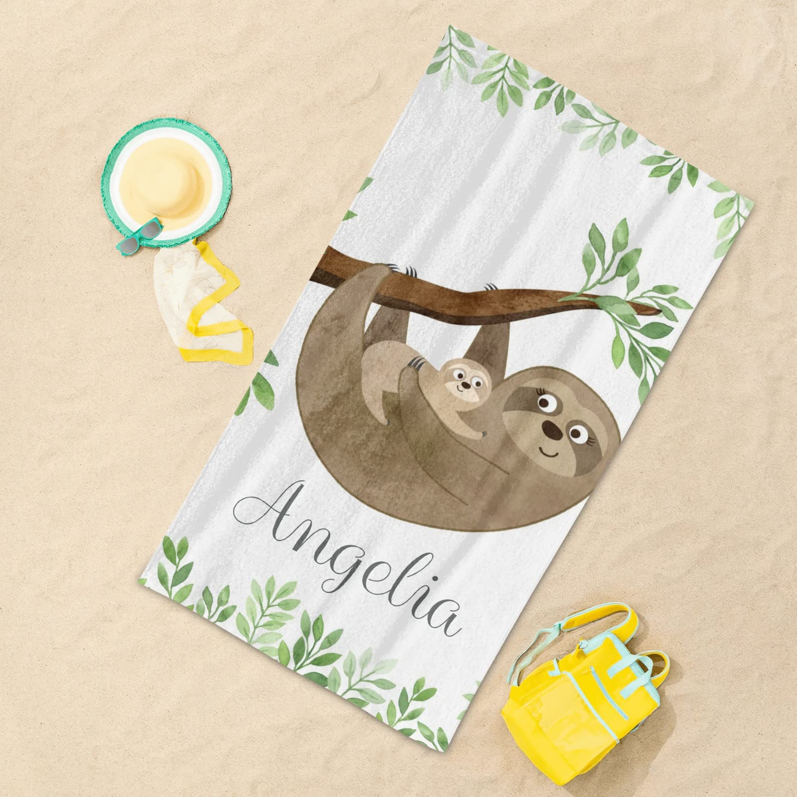 Custom Personalized Beach Towel - Soft Absorbent Quick Dry Bath Towel for Kids, Men, Women - Cute Sloth Design for Swimming, Sunbathing & Travel