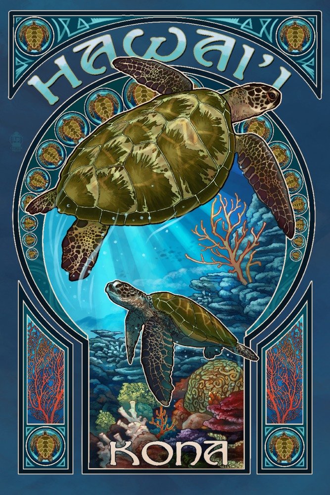 Kona Hawaii Sea Turtle Art Nouveau 56189 - 24x36 Signed Master Art Print, Ocean Themed Wall Decor Poster for Beach House, Living Room & Office