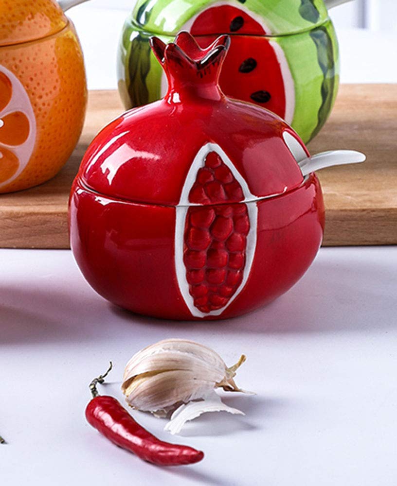 Premium Ceramic Pomegranate-Shaped Sugar Bowl with Spoon - Elegant Spice & Seasoning Storage Jar for Tea, Coffee, Baking & Kitchen Decor