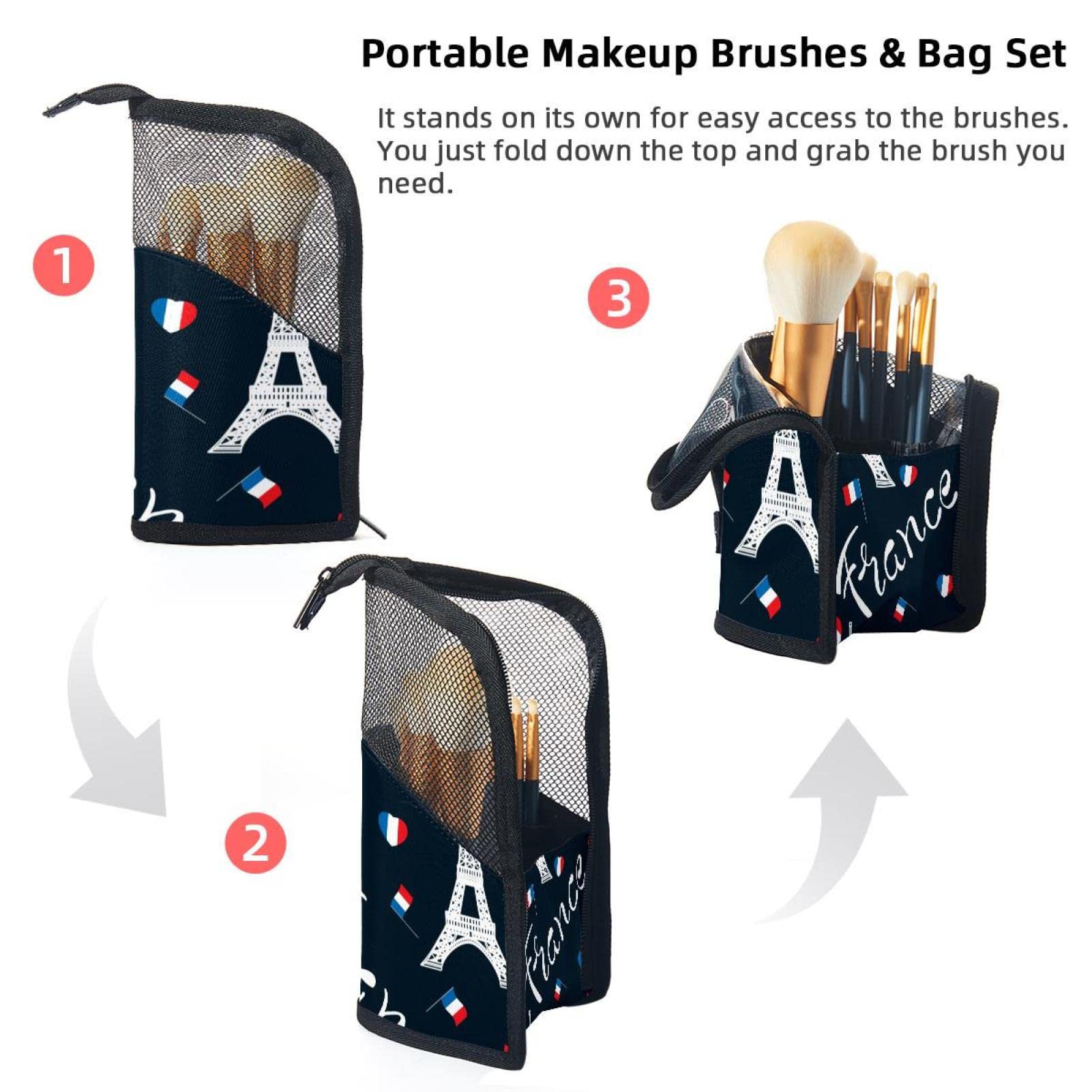 12-Piece Makeup Brush Organizer Bag with France Flag & Eiffel Tower Design - Portable Makeup Brush Holder Case for Travel, Home & Professional Makeup Artists