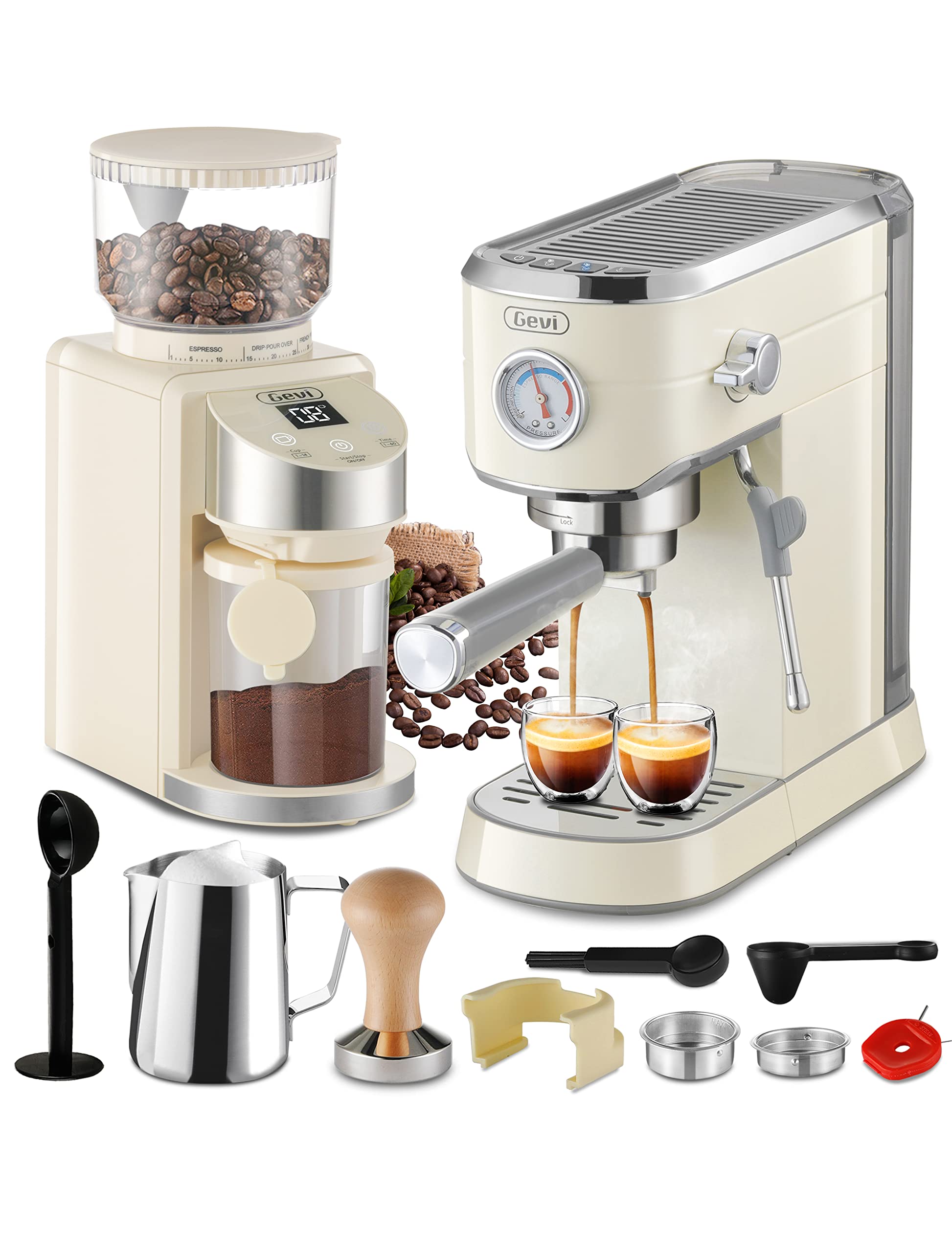 Gevi 20 Bar Compact Professional Espresso Machine with Milk Frother - Stainless Steel Coffee Maker for Espresso, Latte & Cappuccino - Includes 35-Precision Burr Grinder (Beige) - Perfect for Home Baristas & Coffee Shops