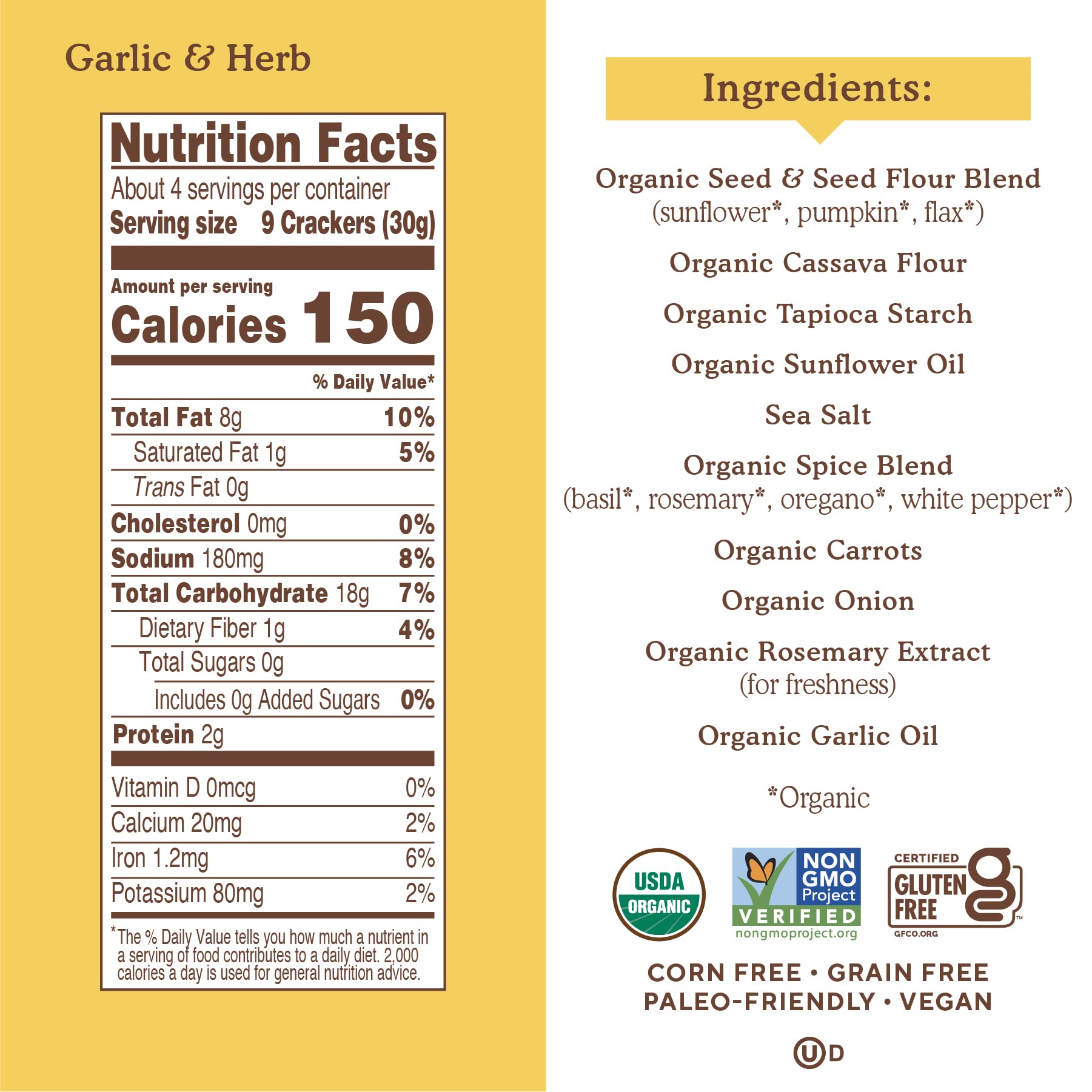 Simple Mills Organic Seed Crackers, Garlic & Herb - Gluten Free, Vegan, Healthy Snacks, Paleo Friendly, 4.25 Oz (Pack of 6) | Crunchy Plant-Based Crackers for Parties, Lunchboxes & Keto Diets