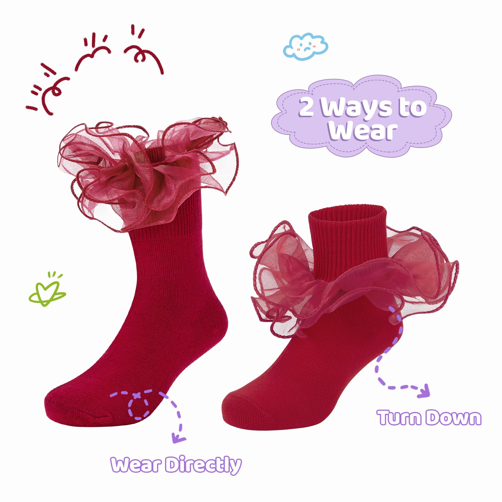 Durio Girls Ruffle Socks - Toddler Baby Girl Socks with Big Double Lace, Colorful Frilly Dress Socks for Toddler Girls & Kids - Perfect for Birthday Parties, Photo Shoots & Special Occasions