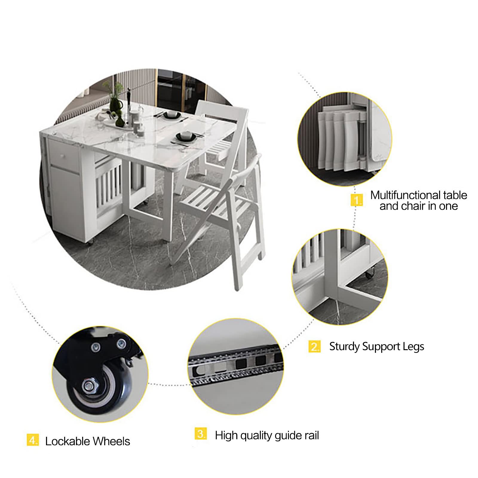 FUNROLUX White Folding Dining Table with Rack & 2 Storage Drawers - Extendable Space Saving Kitchen Table with 3 Adjustable Forms | Perfect for Small Apartments, Studio Kitchens & Compact Living Spaces