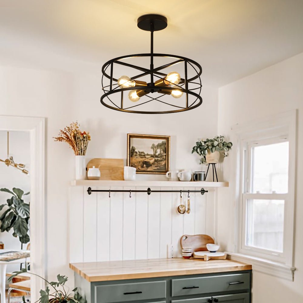 DLLT 4-Light Black Round Pendant Lighting Fixture - 18 Inch Industrial Metal Drum Cage Chandelier - Farmhouse Hanging Light for Dining Room Kitchen Living Room Bedroom Hallway - Perfect for Rustic Home Decor & Modern Interior Design