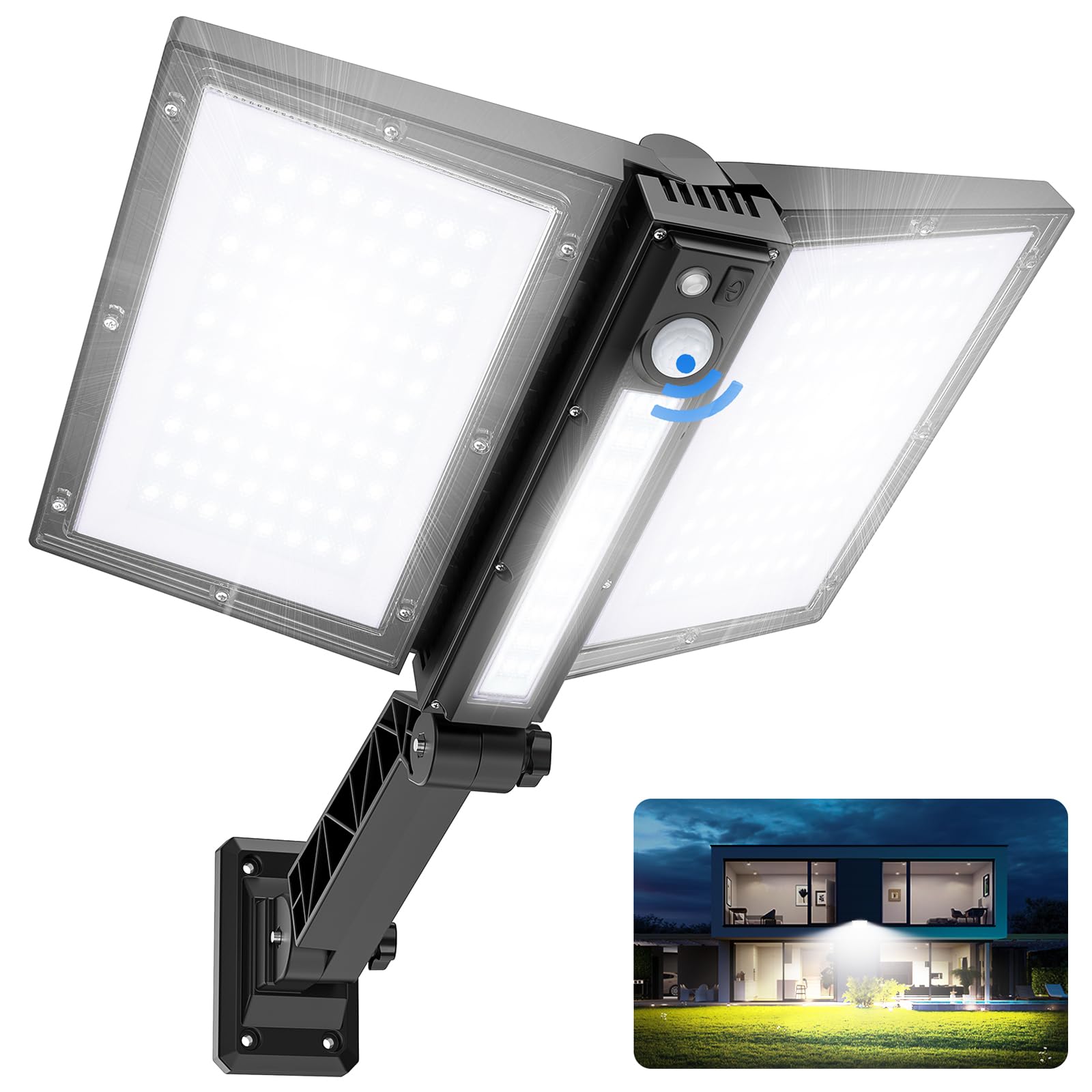 Papa's Box Solar Lights Outdoor - High-Efficiency Double Solar Panel Motion Sensor Flood Light, IP65 Waterproof LED Security Light with Remote Control & 3 Lighting Modes for Wall, Patio, Yard, Garden, Pathway – Perfect for Home Security and Landscape Lighting
