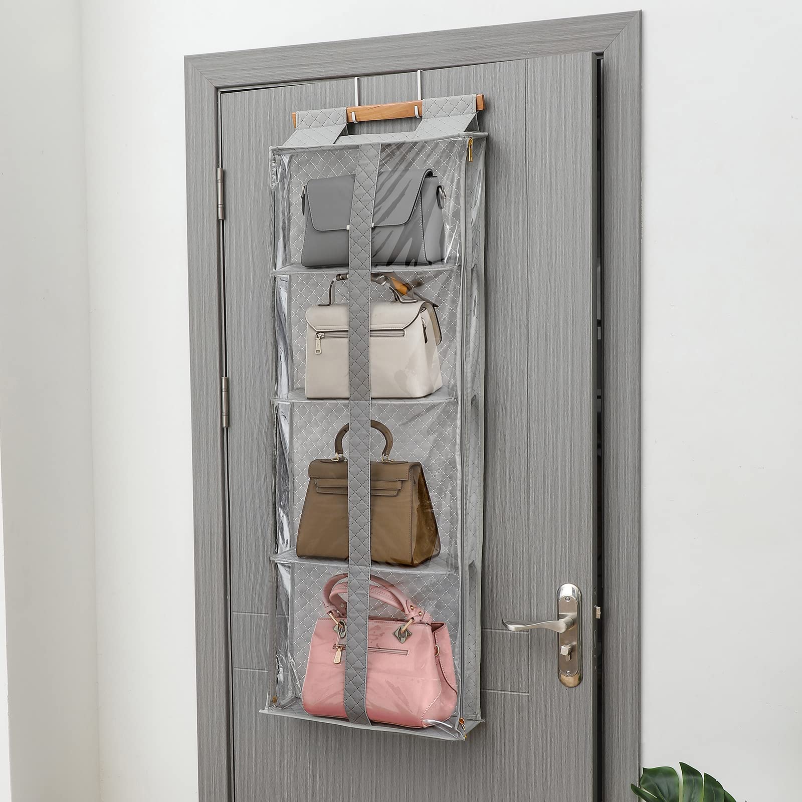 Hanging Purse Organizer with Zippers - 4 Grids Fully Enclosed Handbag Storage for Closet & Over the Door - Perfect for Purse, Bag & Accessory Organization in Bedroom, Walk-in Closet or Dorm Room