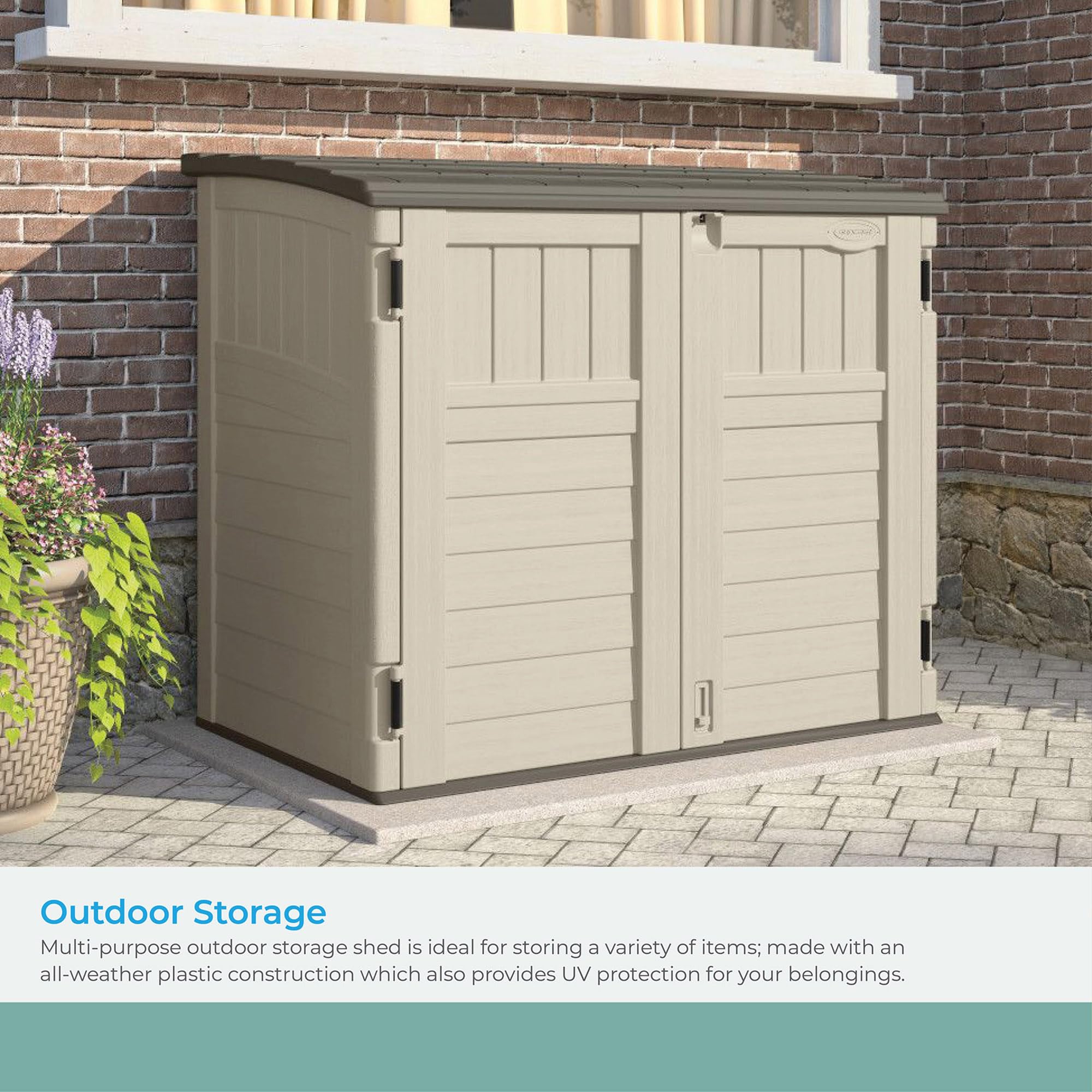Suncast 34 Cu Ft Horizontal Outdoor Storage Shed - Weatherproof Vanilla Cabinet for Garbage Cans, Garden Tools, Lawn Equipment & Patio Furniture | Perfect for Backyard Organization, Garage Storage & Home Improvement Projects