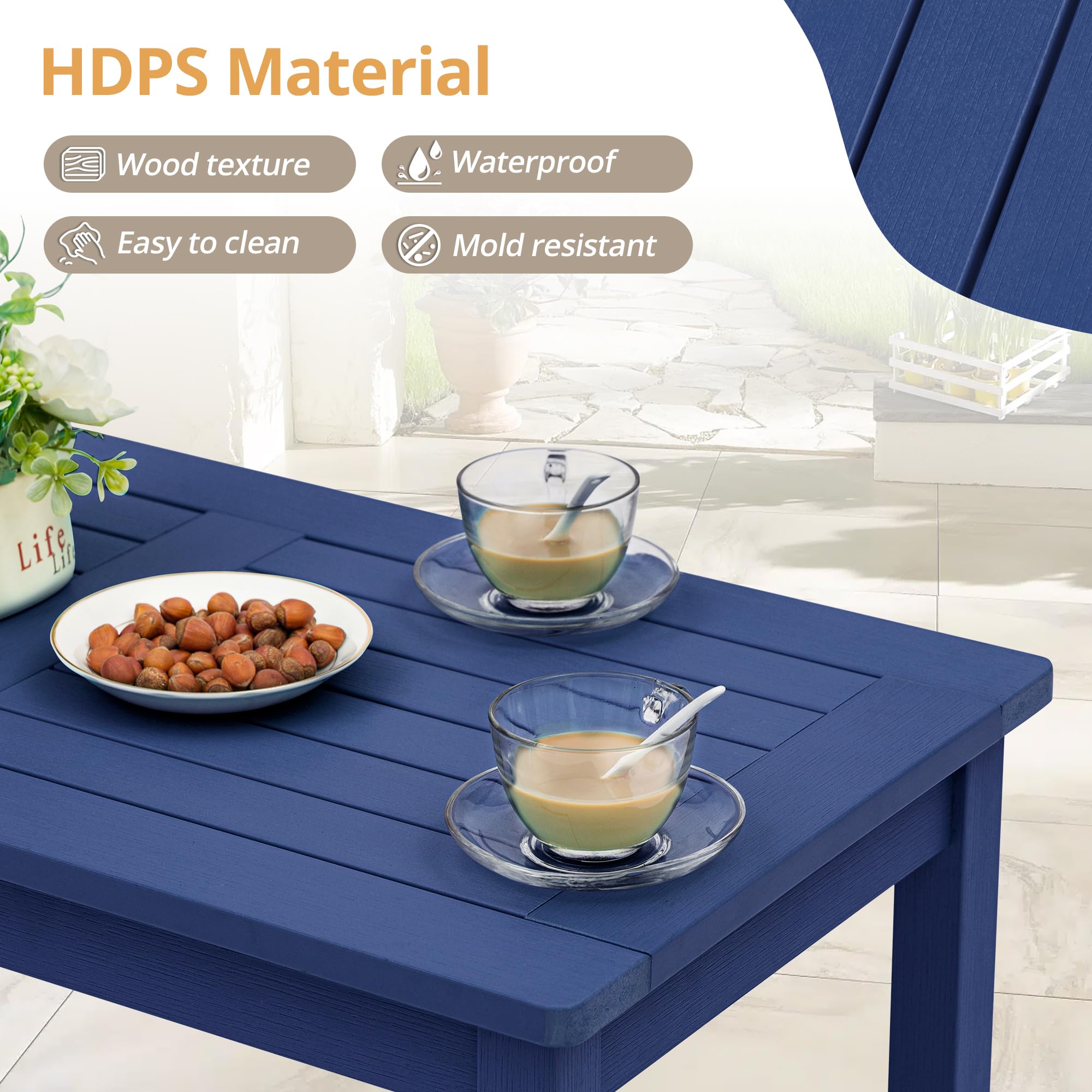 LUE BONA Outdoor Rectangle Coffee Table - All-Weather HDPS Patio Table with Slatted Tabletop for Deck, Garden, Balcony, Indoor & Outdoor Use - Navy Blue | Perfect for Backyard, Poolside & Porch Relaxation