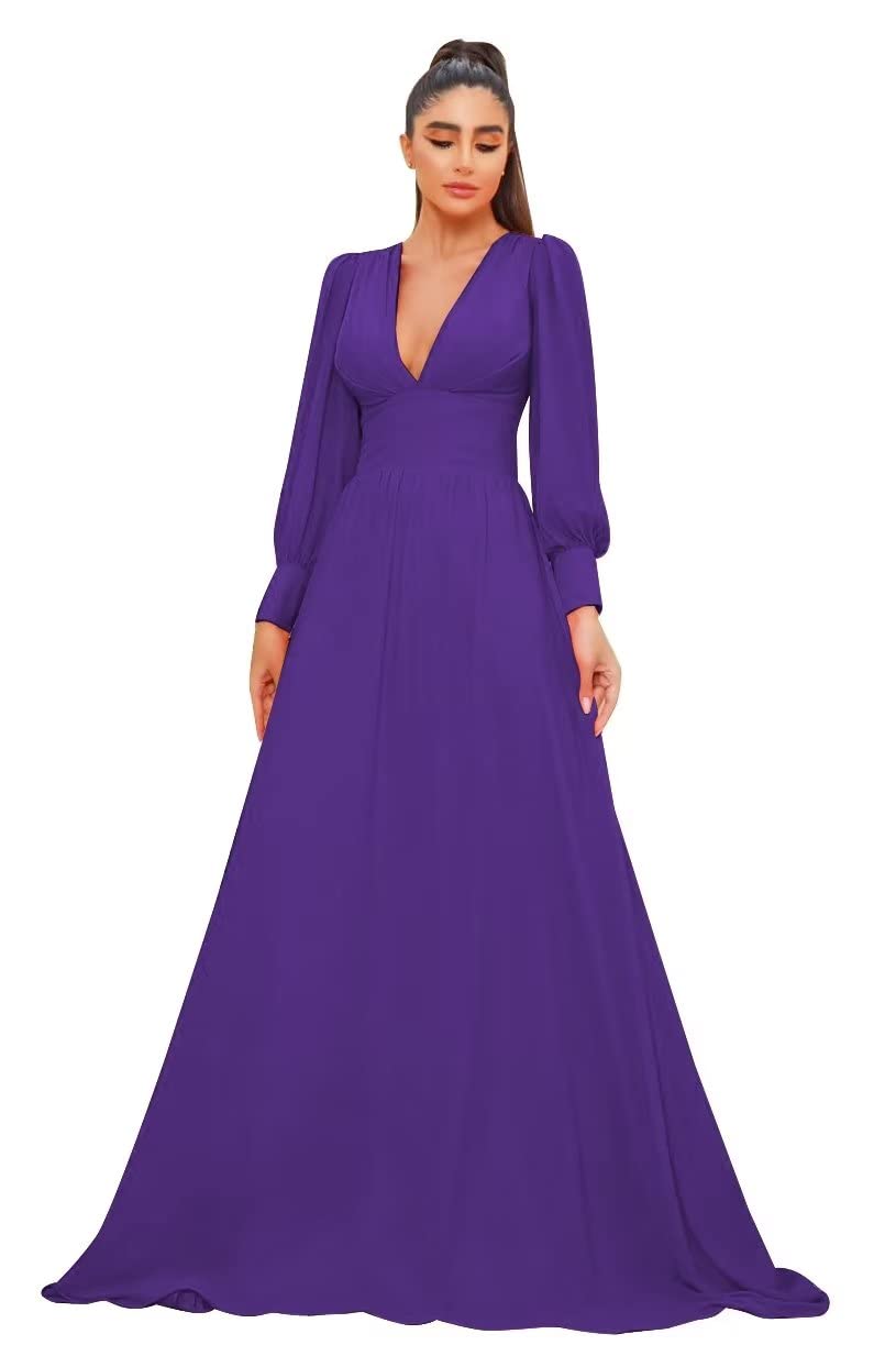 Elegant Long Sleeve V-Neck A-Line Formal Evening Gown for Women - Wedding Guest & Prom Dress in Purple - Size 18 | Perfect for Cocktail Parties, Galas & Special Occasions