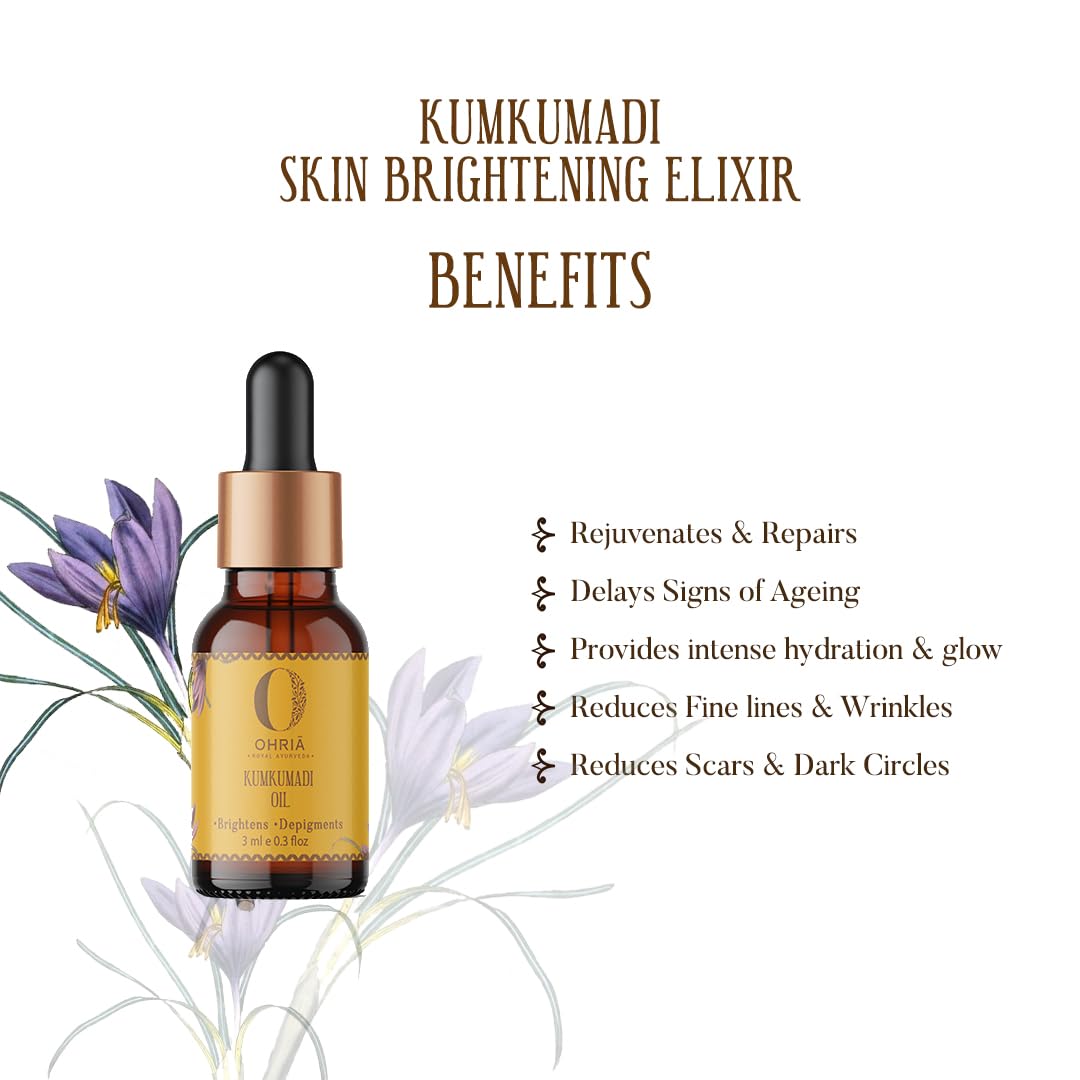 Ohria Ayurveda Kumkumadi Skin Brightening Elixir Facial Oil - 3ml | Natural Radiance & Hydration Boost with Kashmiri Saffron, Sandalwood & Goat Milk | Brightens Skin & Reduces Pigmentation | Perfect for Nighttime Skincare & Glowing Complexion
