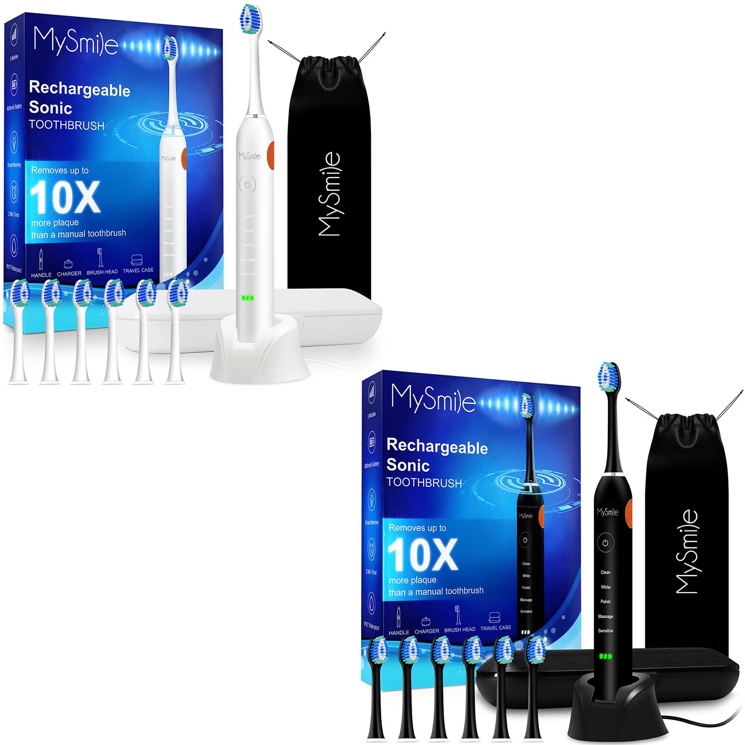 MySmile Rechargeable Electric Toothbrush for Adults - Sonic Toothbrush with 6 Brush Heads, Travel Case, 5 Cleaning Modes & Smart Timer (48,000 VPM) - 10X More Powerful Than Manual Toothbrush - Perfect for Travel, Home & Daily Oral Care