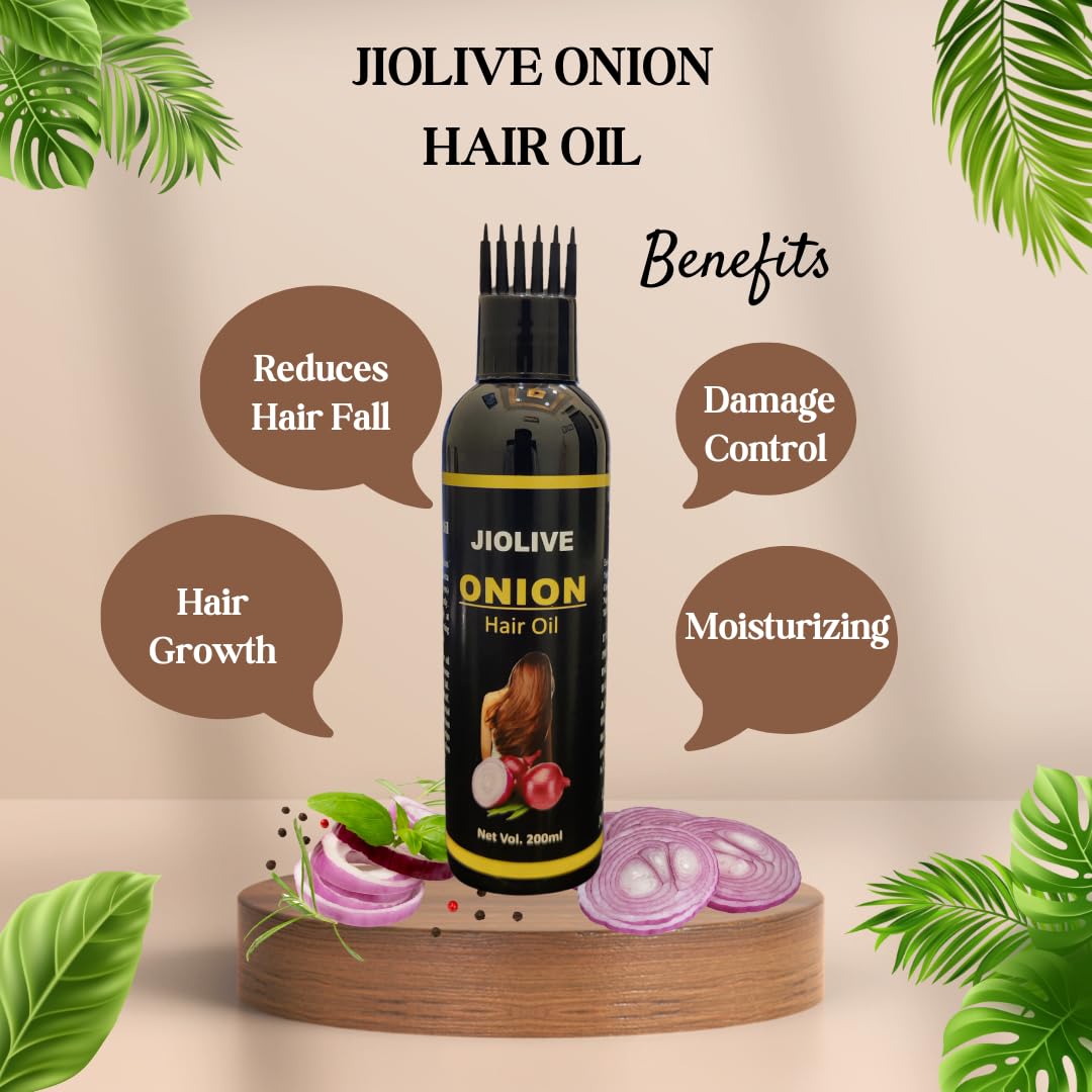 JIOLIVE Onion Hair Oil for Hair Growth & Hair Fall Control - Nourishing & Strengthening Treatment for Men & Women | Reduces Hair Fall & Dandruff - 200ml with Applicator | Perfect for Daily Scalp Massage & Damaged Hair Repair
