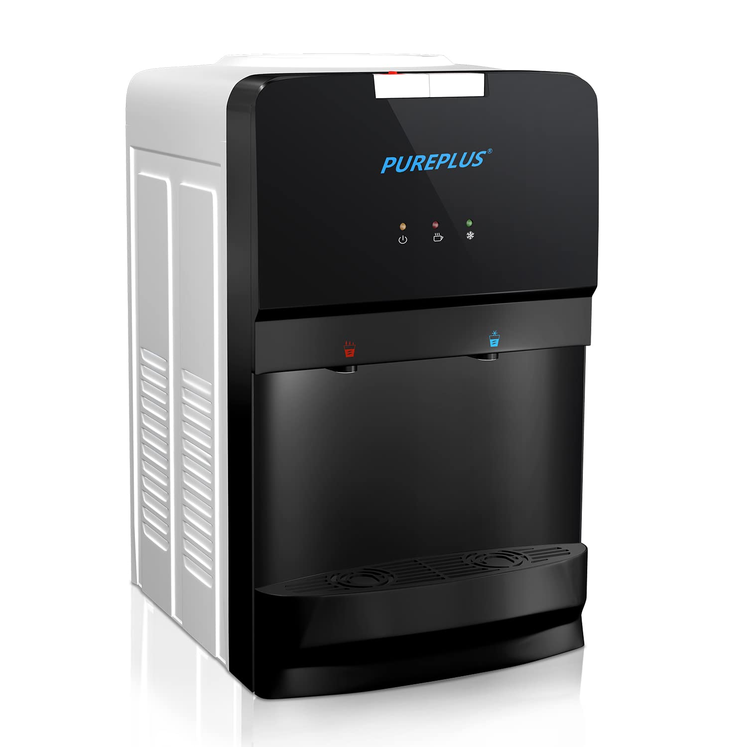 PUREPLUS Top Loading Countertop Water Cooler Dispenser with Hot & Cold Water - 3/5 Gallon Bottle Capacity, Child Safety Lock, Compression Refrigeration Tech - Perfect for Home, Office & Kitchen Use (White)