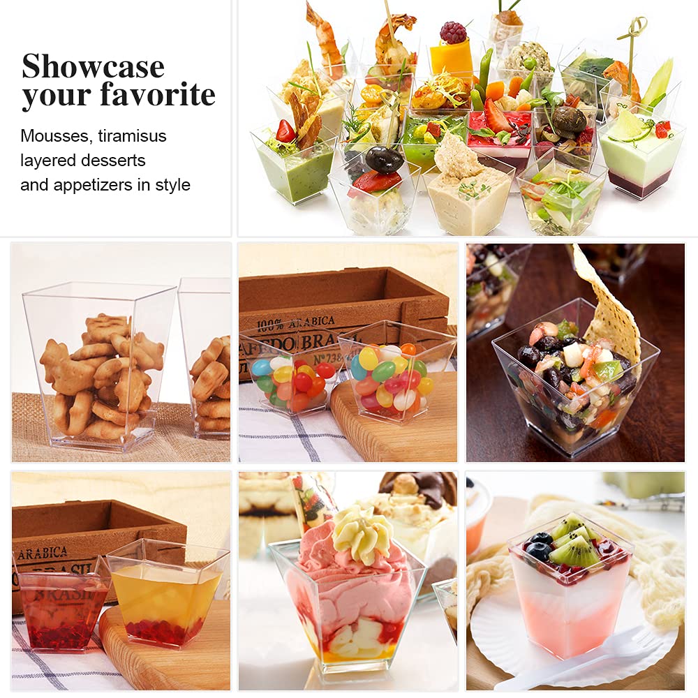 50 Pack 3.5 Oz Clear Plastic Mini Dessert Cups - Square Parfait Containers for Chocolate Mousse, Pudding, Appetizers, Dessert Samplers & Shot Glasses | Perfect for Party Catering, Wedding Favors & Bakery Display