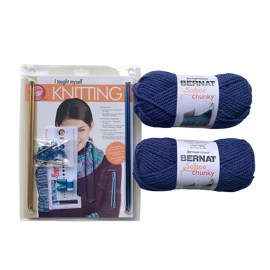 Boye I Taught Myself Knitting Kit with 2 Bernat Faded Denim Softee Chunky Yarn - Perfect for Beginners, DIY Crafts, and Homemade Knitted Gifts