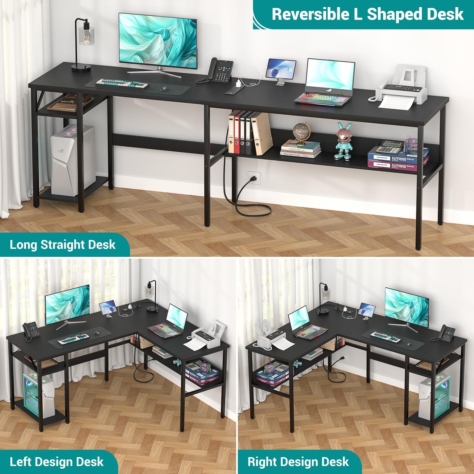 Reversible L-Shaped Computer Desk with Power Outlets & USB Ports - Sturdy Corner Desk with Storage Shelf - Modern Home Office & Gaming Desk - Easy Assembly - Black - Perfect for Small Spaces, Workstations & Gaming Setups