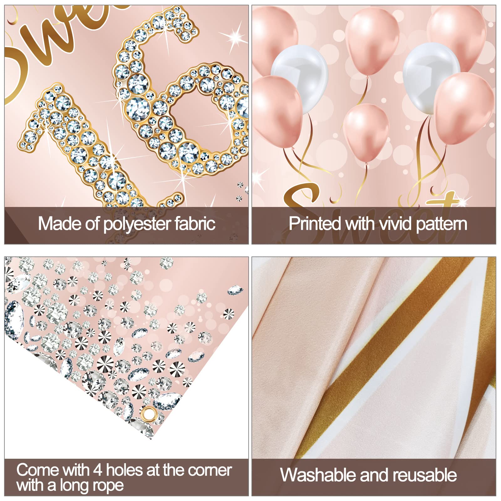 Sweet 16 Birthday Decorations for Girls - Pink Rose Gold Happy 16th Birthday Party Banner & Photo Booth Backdrop - Indoor/Outdoor Door Cover Supplies for Sweet Sixteen Celebrations, Photo Shoots & Birthday Parties