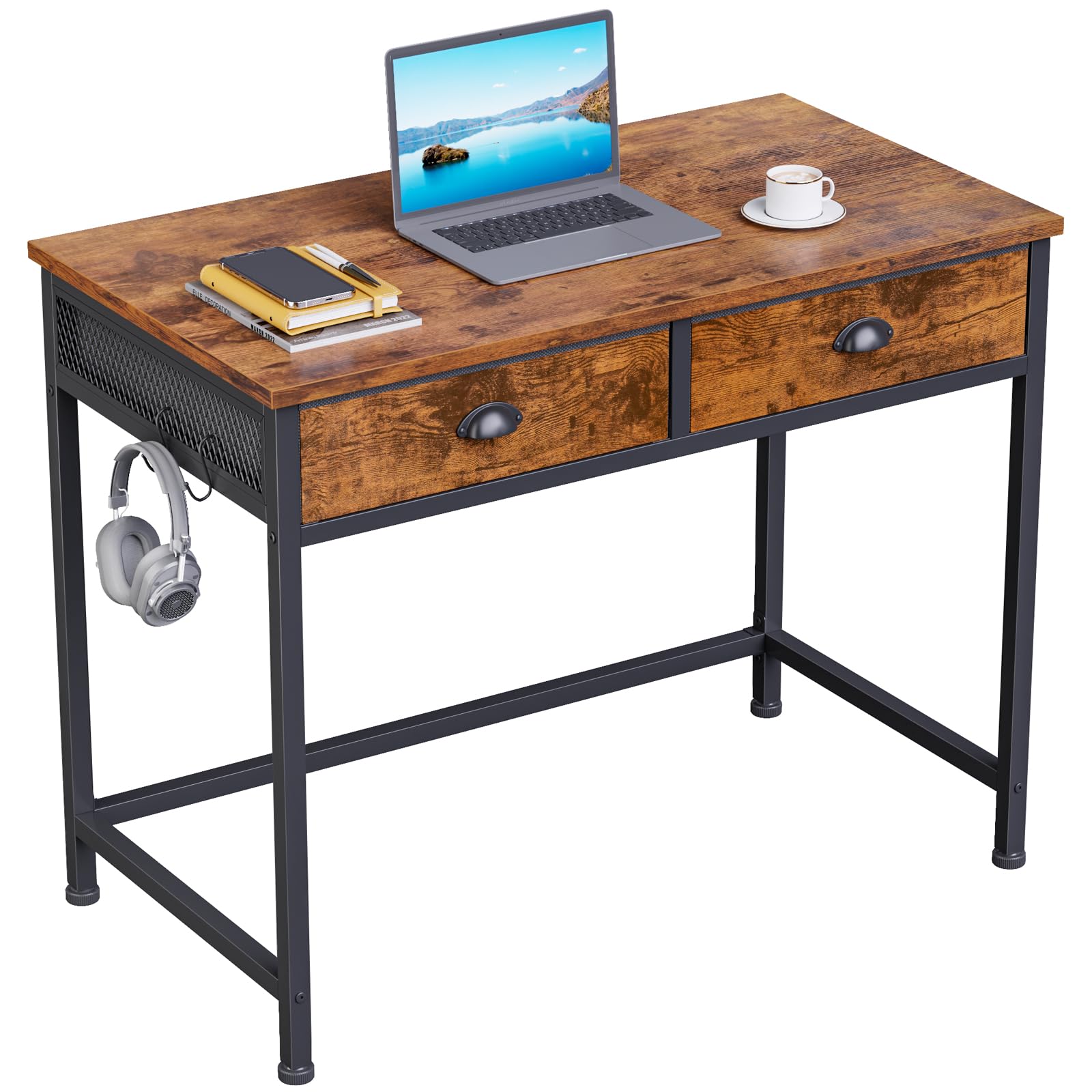 Furologee 36 Inch Computer Desk with 2 Fabric Drawers - Small Home Office Writing Desk, Vanity Makeup Table with Hooks - Rustic Brown Study Desk for Small Spaces - Perfect for Home Office, Dorm Room & Bedroom Workspace