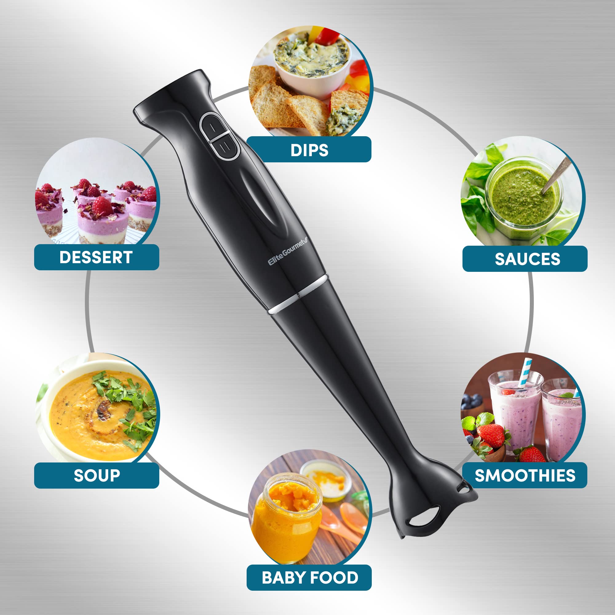 Elite Gourmet EHB3201 300W 2-Speed Immersion Hand Blender with Detachable Blades & Wand - Perfect for Smoothies, Baby Food, Soups - Charcoal Black - Ideal for Kitchen, Home Cooking & Meal Prep
