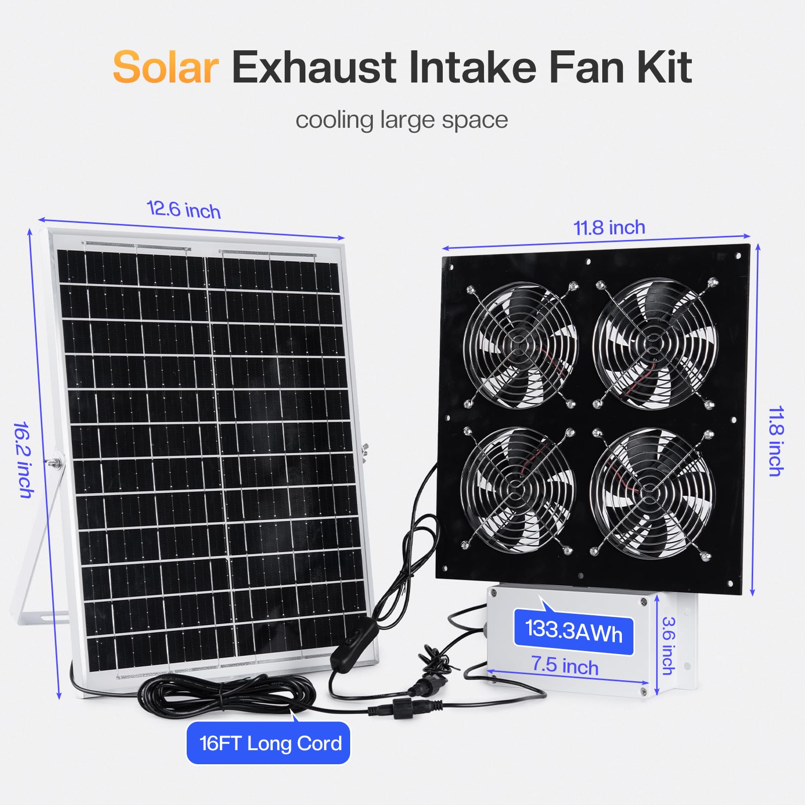 Solar Powered Exhaust Fan with Battery Backup - 25W Solar Panel, 16ft On/Off Cable - Perfect for Shed, Chicken Coop & Doghouse Cooling - Indoor/Outdoor Ventilation Solution for Hot Weather