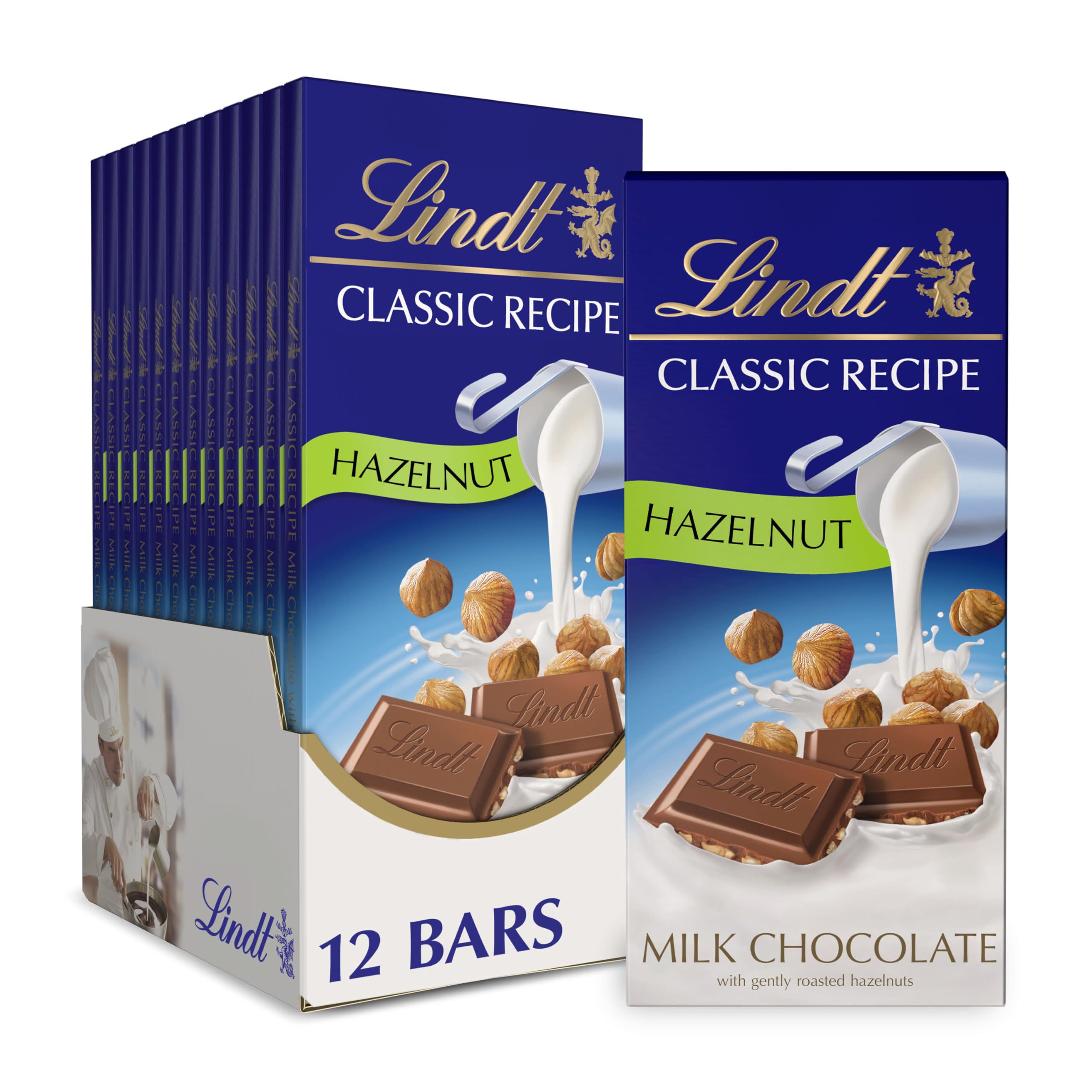 Lindt CLASSIC RECIPE Hazelnut Milk Chocolate Candy Bar 4.4 oz - Premium Swiss Chocolate for Gifts, Desserts & Snacking