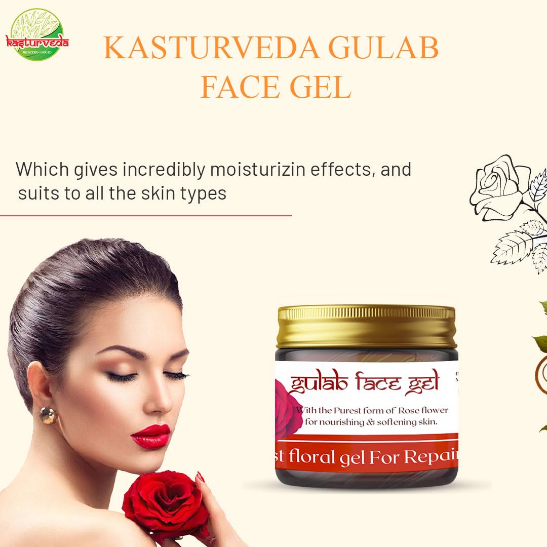 Kasturveda Face Gel for Glowing Skin - 50gm Hydrating Moisturizer with Rose Extract for Oily Skin - Men & Women - Perfect for Daily Skincare Routine & Nighttime Hydration