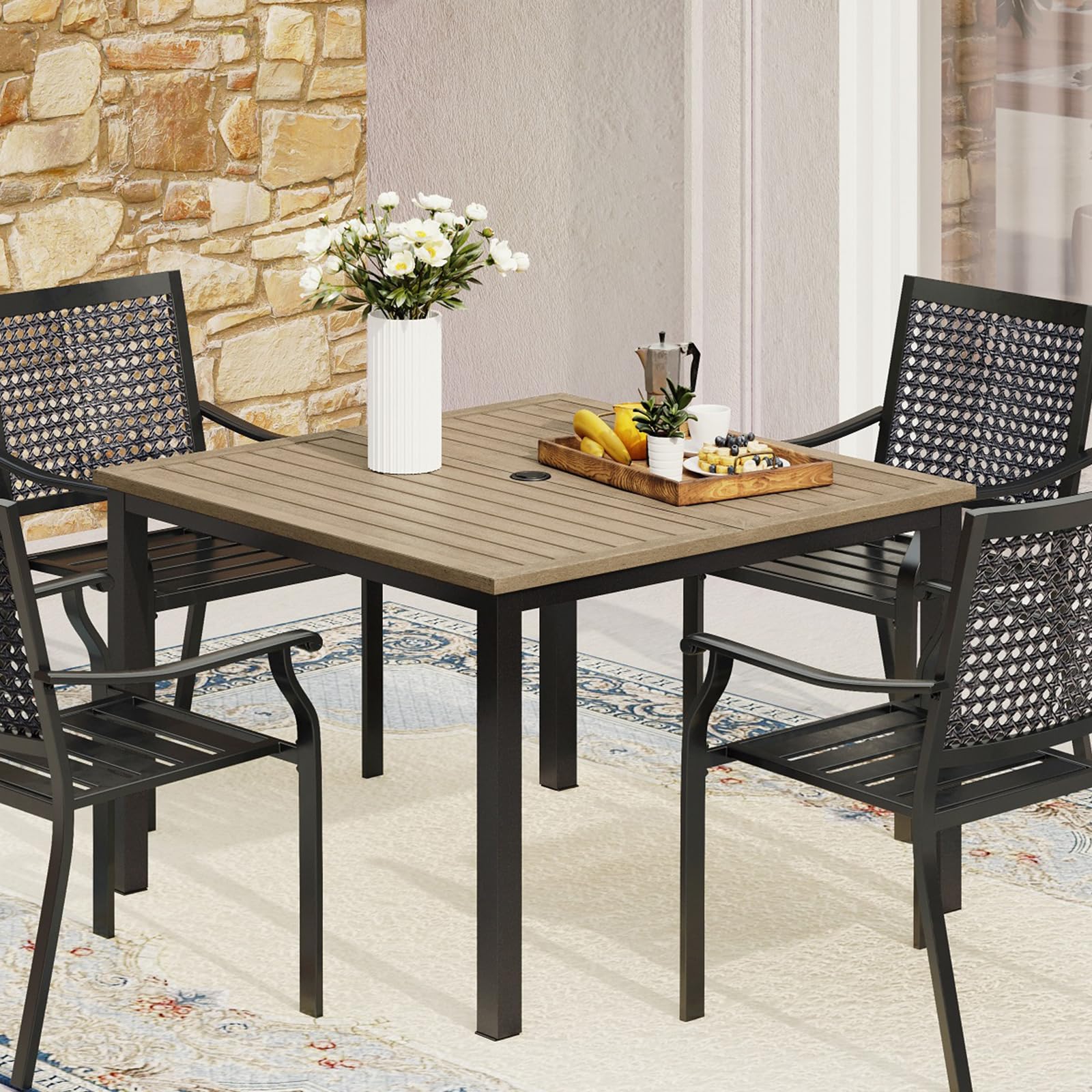 MFSTUDIO 42 Inch Square Outdoor Dining Table - Weatherproof Wood-Like Patio Table with Adjustable Umbrella Hole - Perfect for Deck, Backyard, Lawn, Garden, Poolside & Outdoor Entertaining